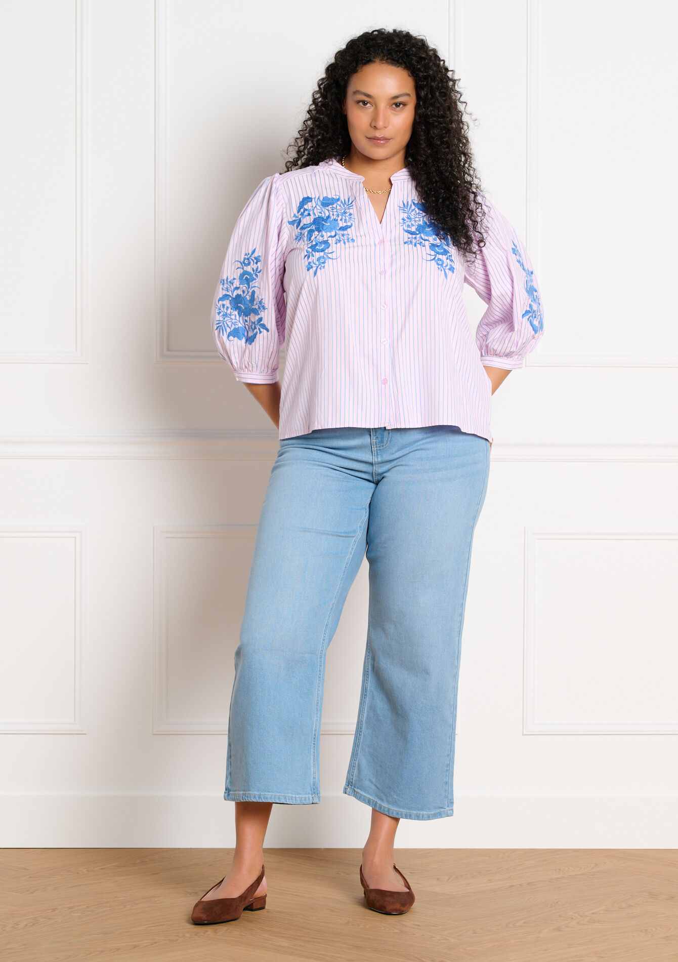 Blouse rayée brodée - LIGHT PINK - 05703035_1303