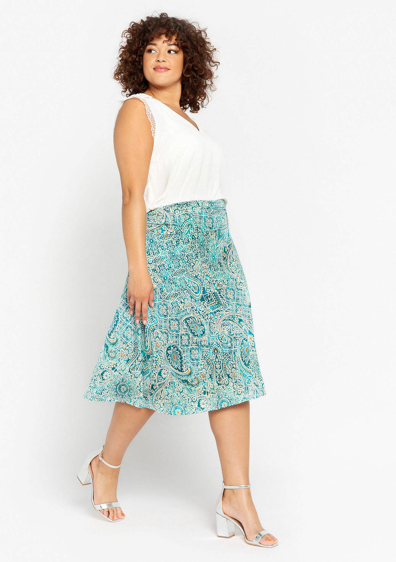 Jupe mi-longue à imprimé Paisley, Jupe mi-longue à imprimé Paisley - TURQUOISE - 07101103_1759