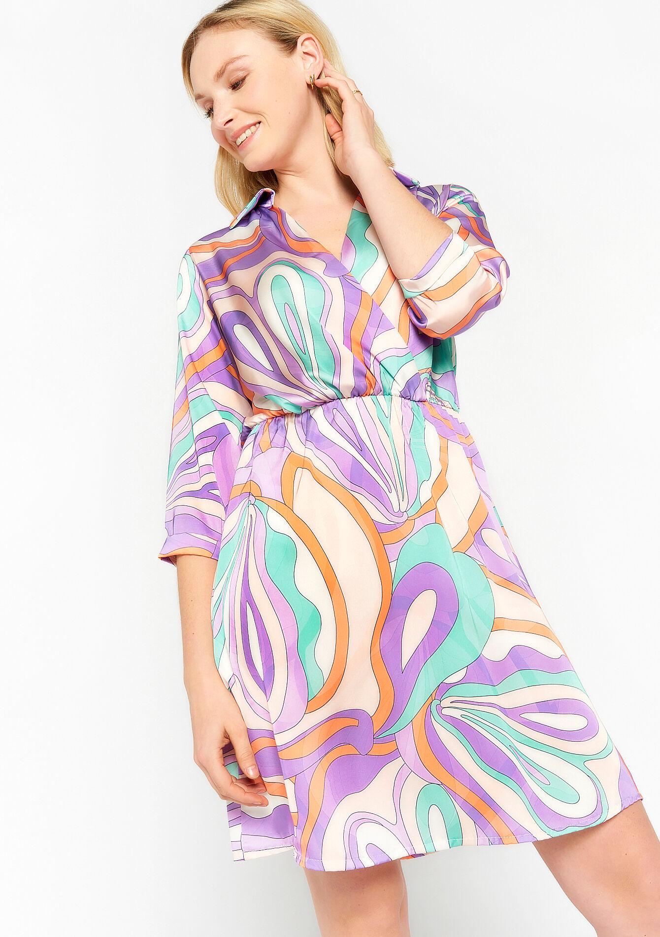 Satin wrap dress with retro print, Satin wrap dress with retro print - PASTEL LILAC - 08103243_1493