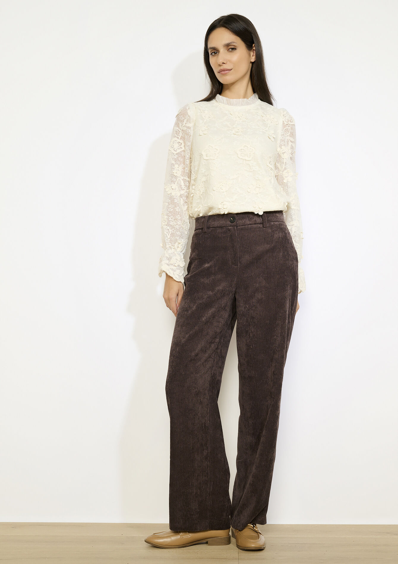 Flared broek in ribfluweel, Flared broek in ribfluweel - BROWN DARK CHOCOLATE - 06100741_3720