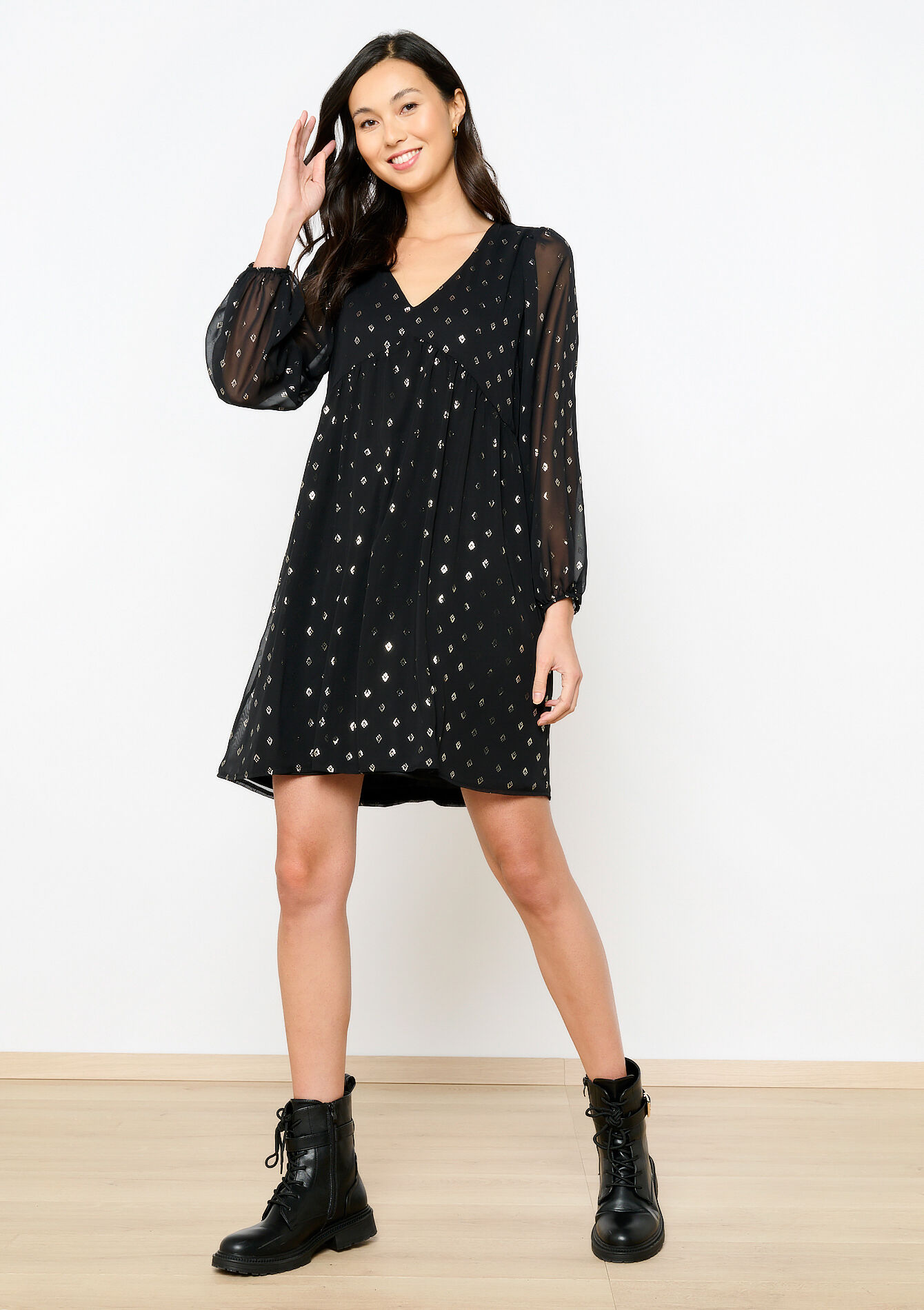 Babydoll dress with lurex, Babydoll dress with lurex - BLACK - 08103464_1119