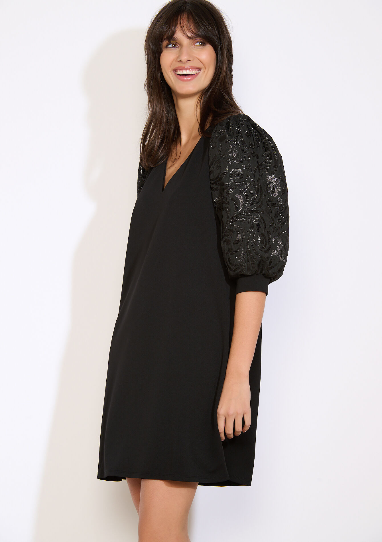 Robe courte manches brodées, Robe courte manches brodées - BLACK - 08104382_1119