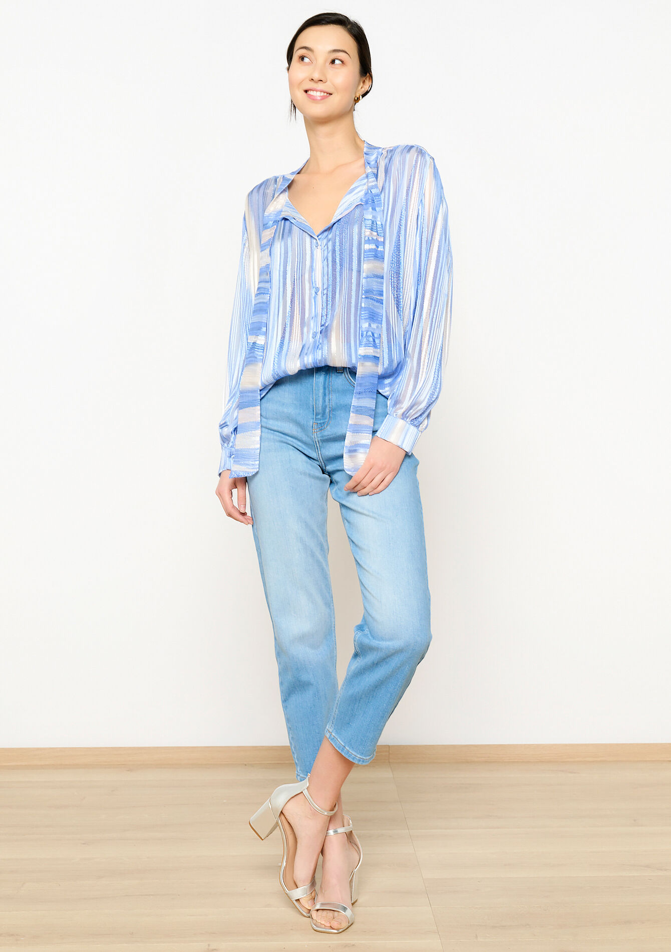 Blouse à rayures en lurex, Blouse à rayures en lurex - BLUE PASTEL - 05702435_3003