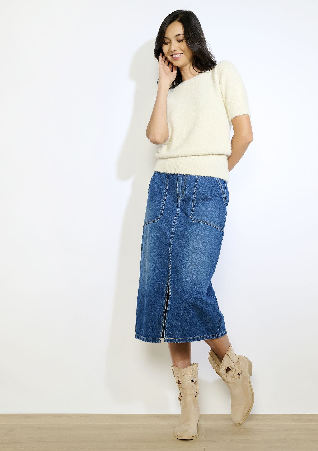 Pluizige trui korte mouwen - VANILLA WHITE - 04006918_1013