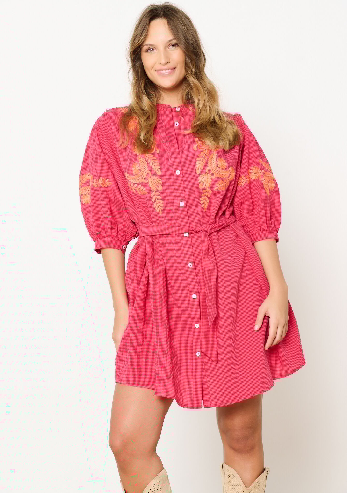 Oversized Vichy-jurk met borduursel, Oversized Vichy-jurk met borduursel - FUCHSIA - 08104021_5626