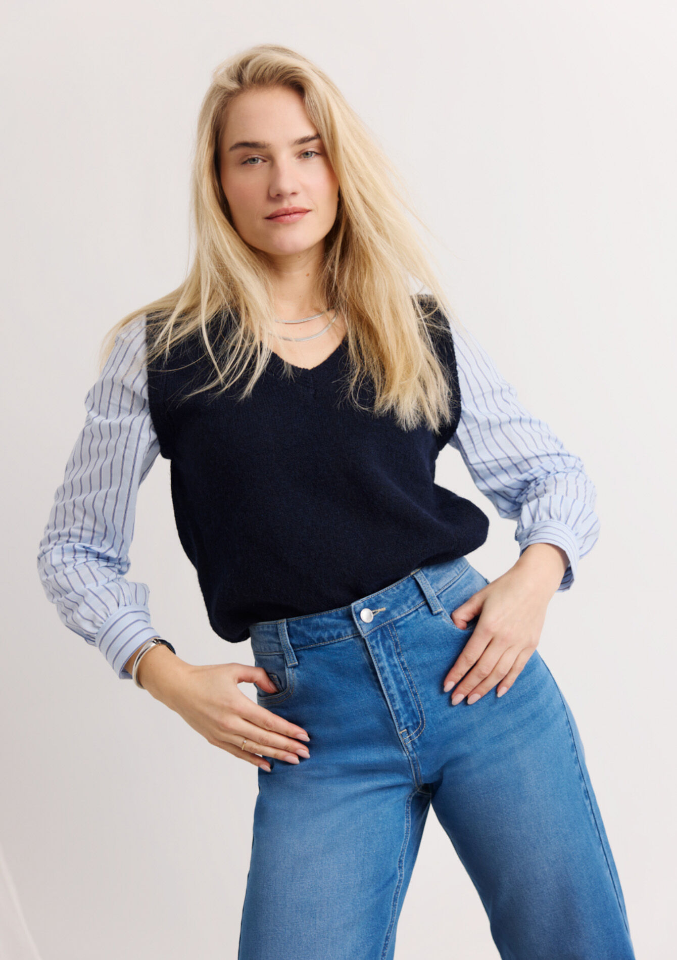 Trui met poplin laagjeslook - NAVY BASIC - 04007167_2723
