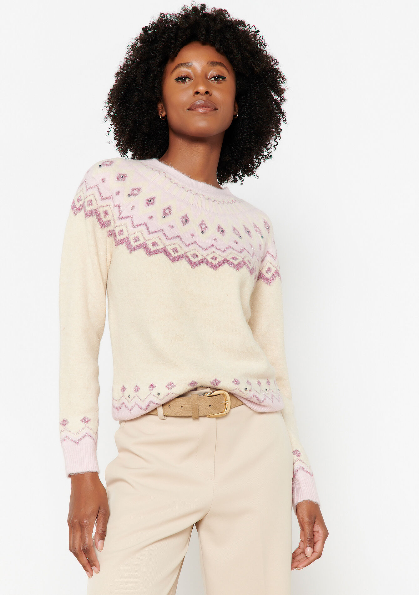 Pullover en jacquard avec col ras du cou, Pullover en jacquard avec col ras du cou - LT BEIGE - 04006196_2527