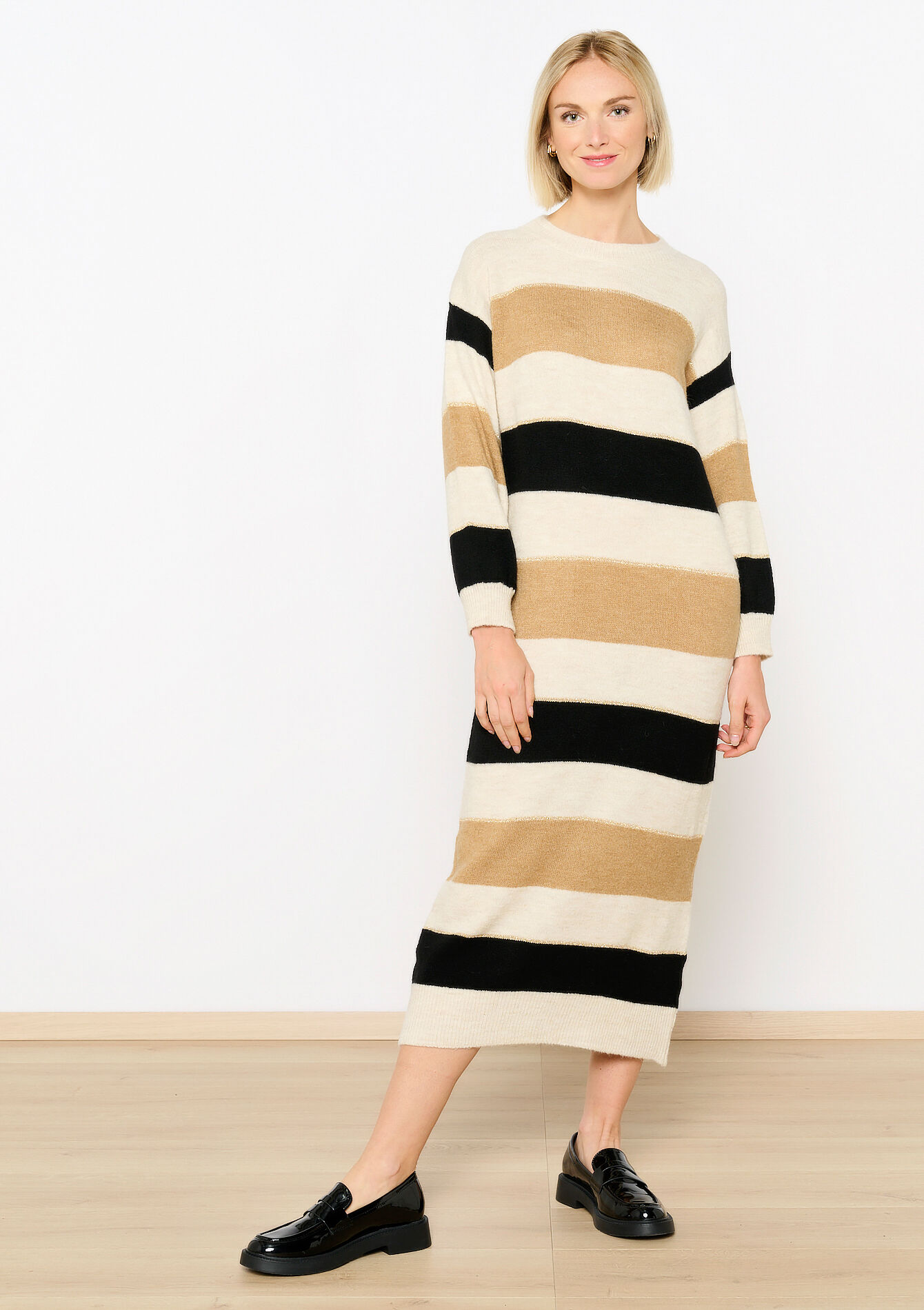 Gestreepte trui-jurk met lurex, Gestreepte trui-jurk met lurex - CAMEL CINNAMON - 08103918_3835