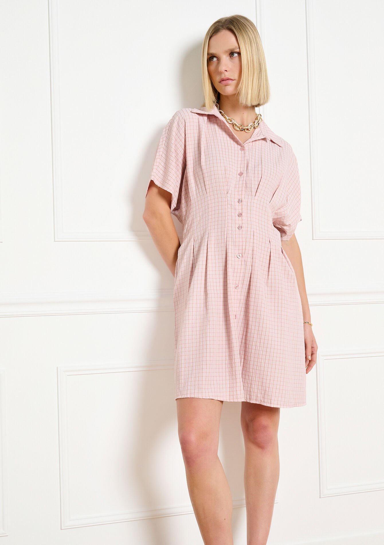 Checked shirt dress - LIGHT PINK - 08104497_1303
