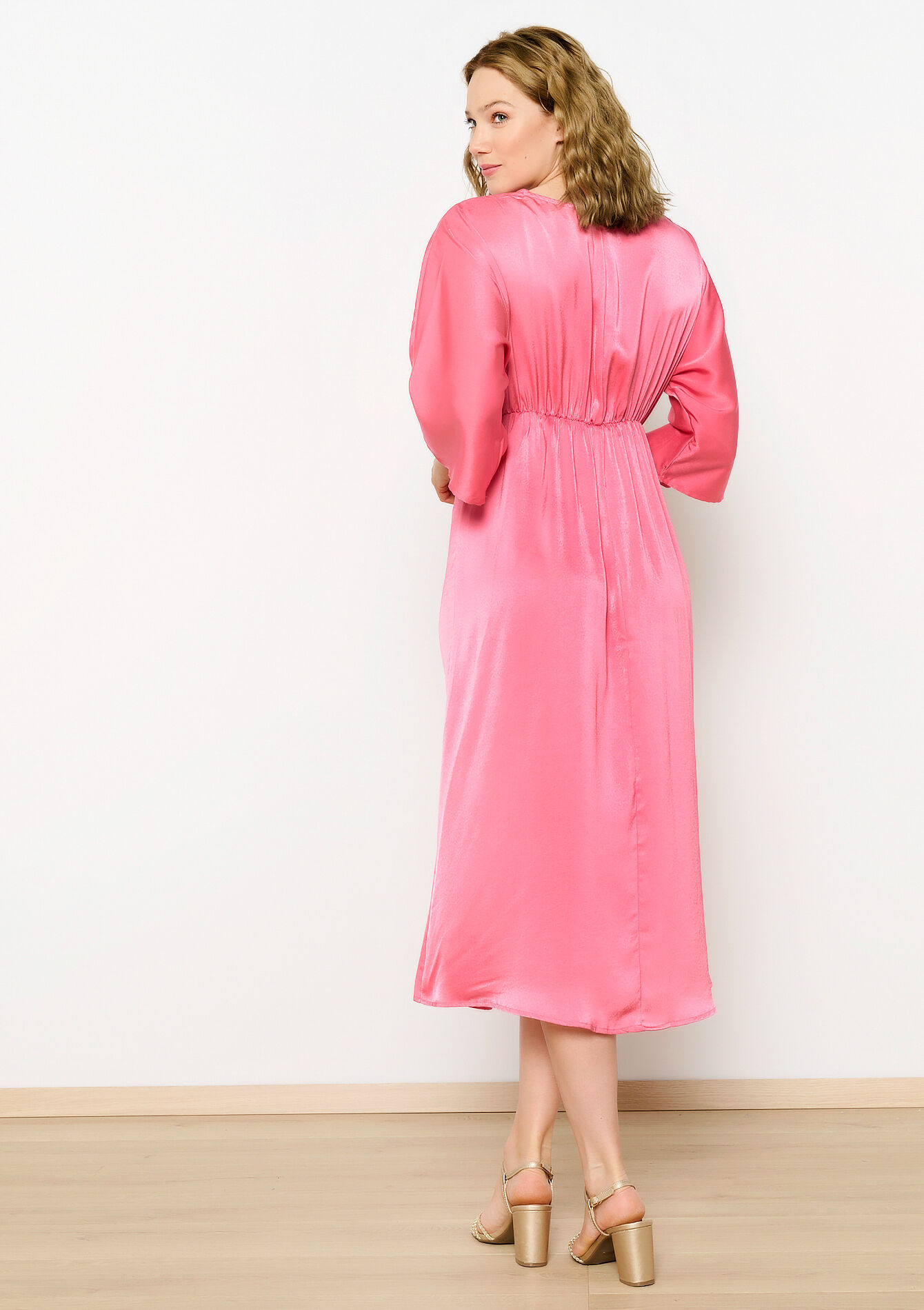 Satin midi dress with knot, Satin midi dress with knot - CORAL PINK - 08103655_1968