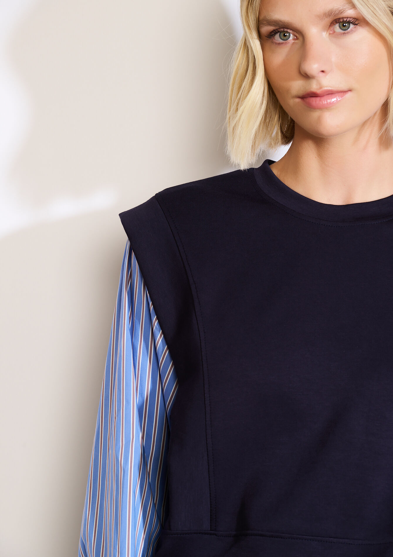 Sweat bimatière manches rayées, Sweat bimatière manches rayées - NAVY BASIC - 03001811