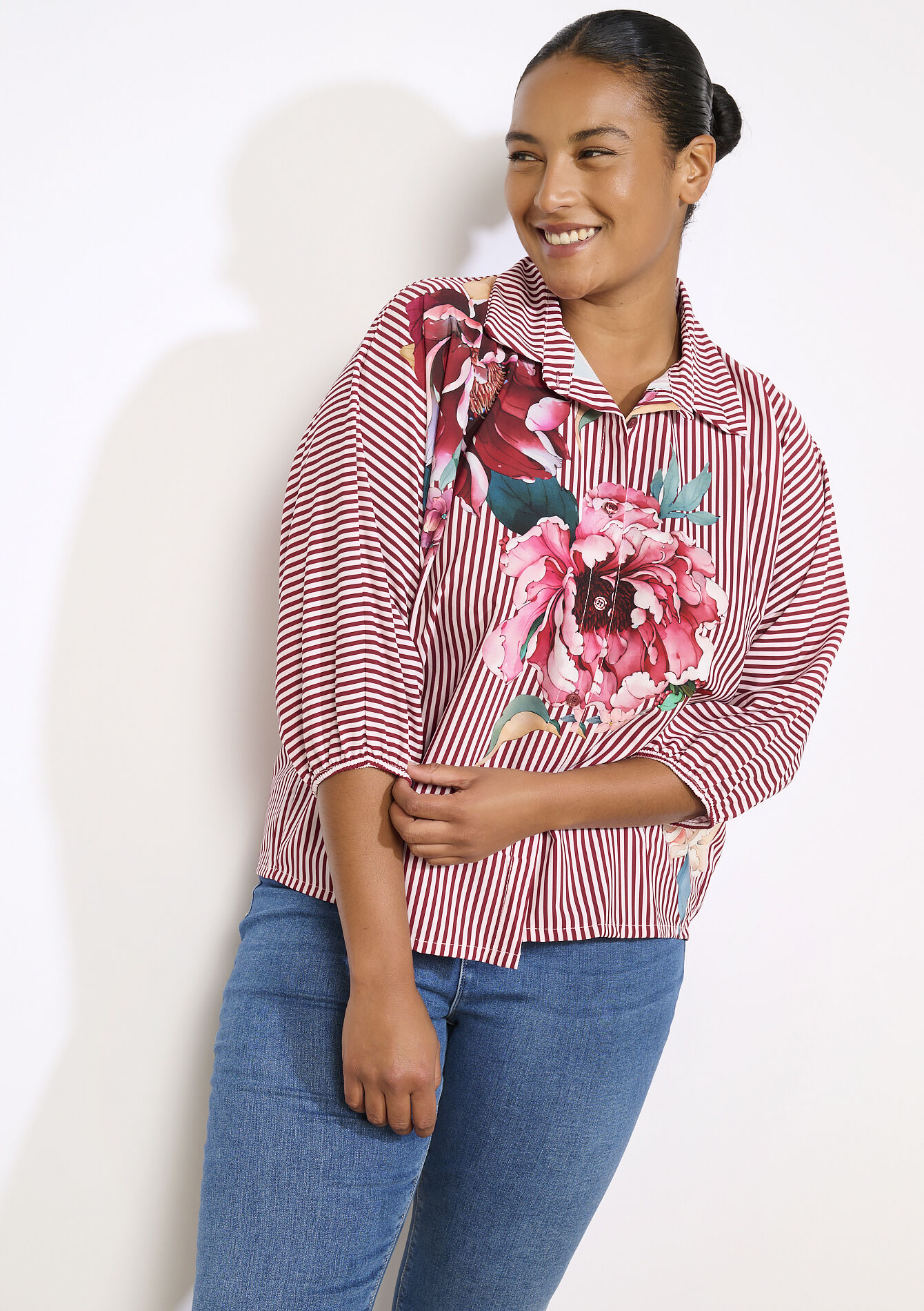 Overhemd met strepen en bloemenprint - BORDEAUX WINE - 05702957_5514