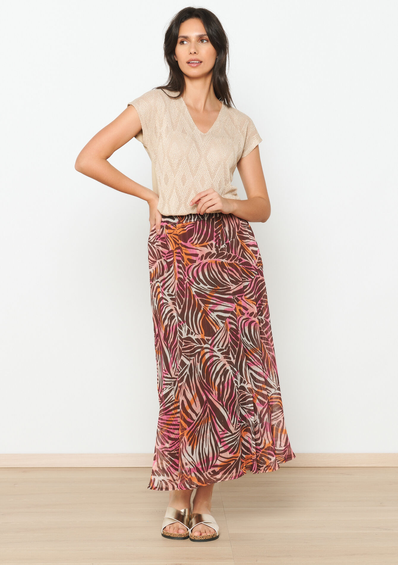 Lurex T-shirt with V-neck, Lurex T-shirt with V-neck - BEIGE CHINE - 02301590_4025