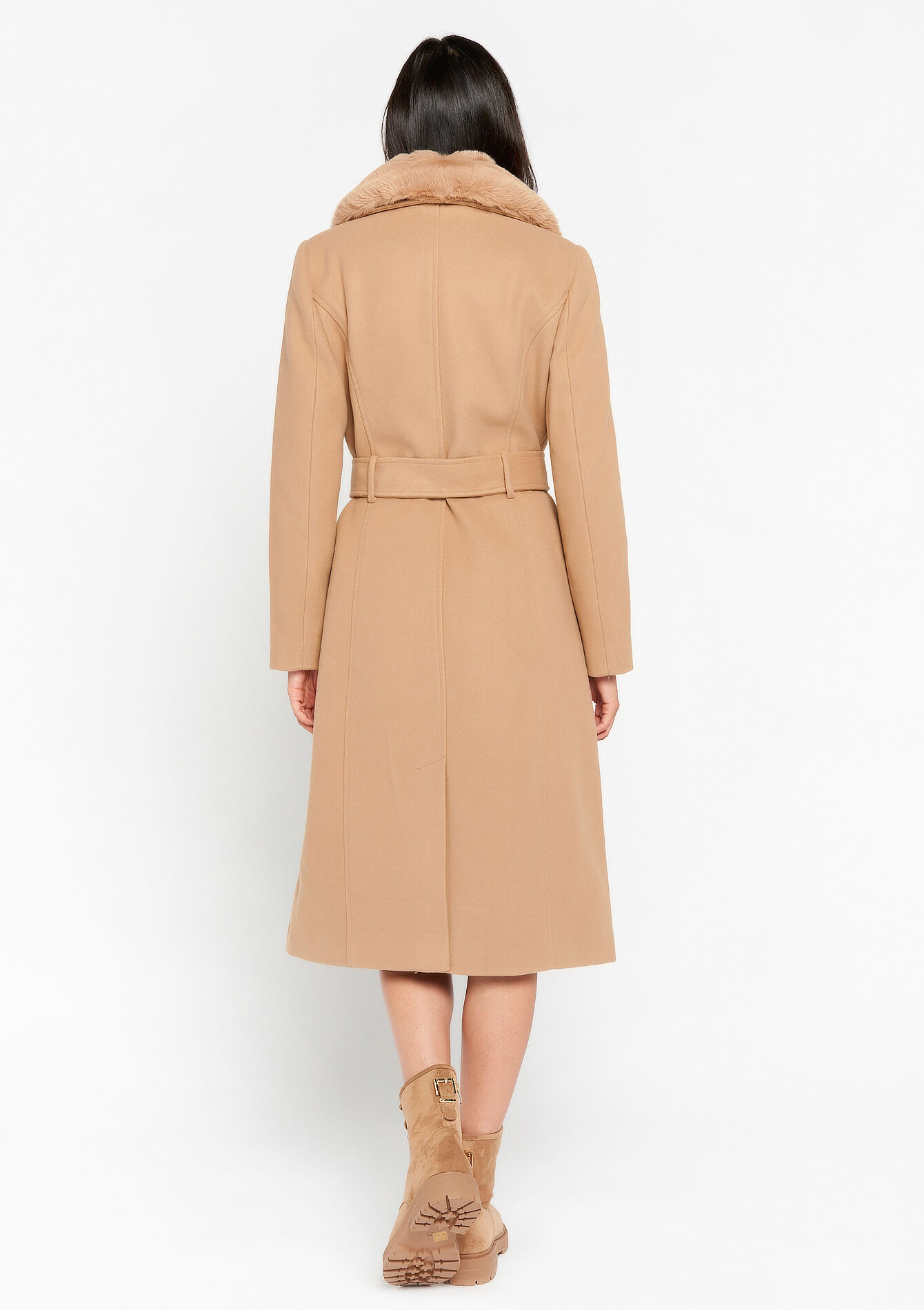 Lange jas met kraag in imitatiebont, Lange jas met kraag in imitatiebont - CAMEL - 23000613_950