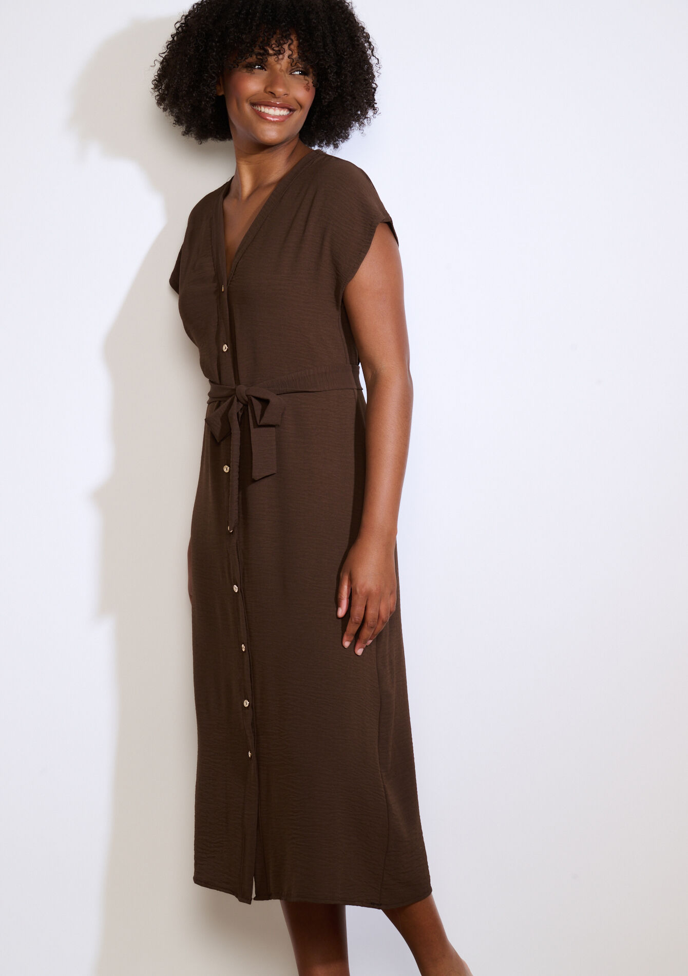 Buttoned midi shirt dress - BROWN DARK CHOCOLATE - 08104243_3720
