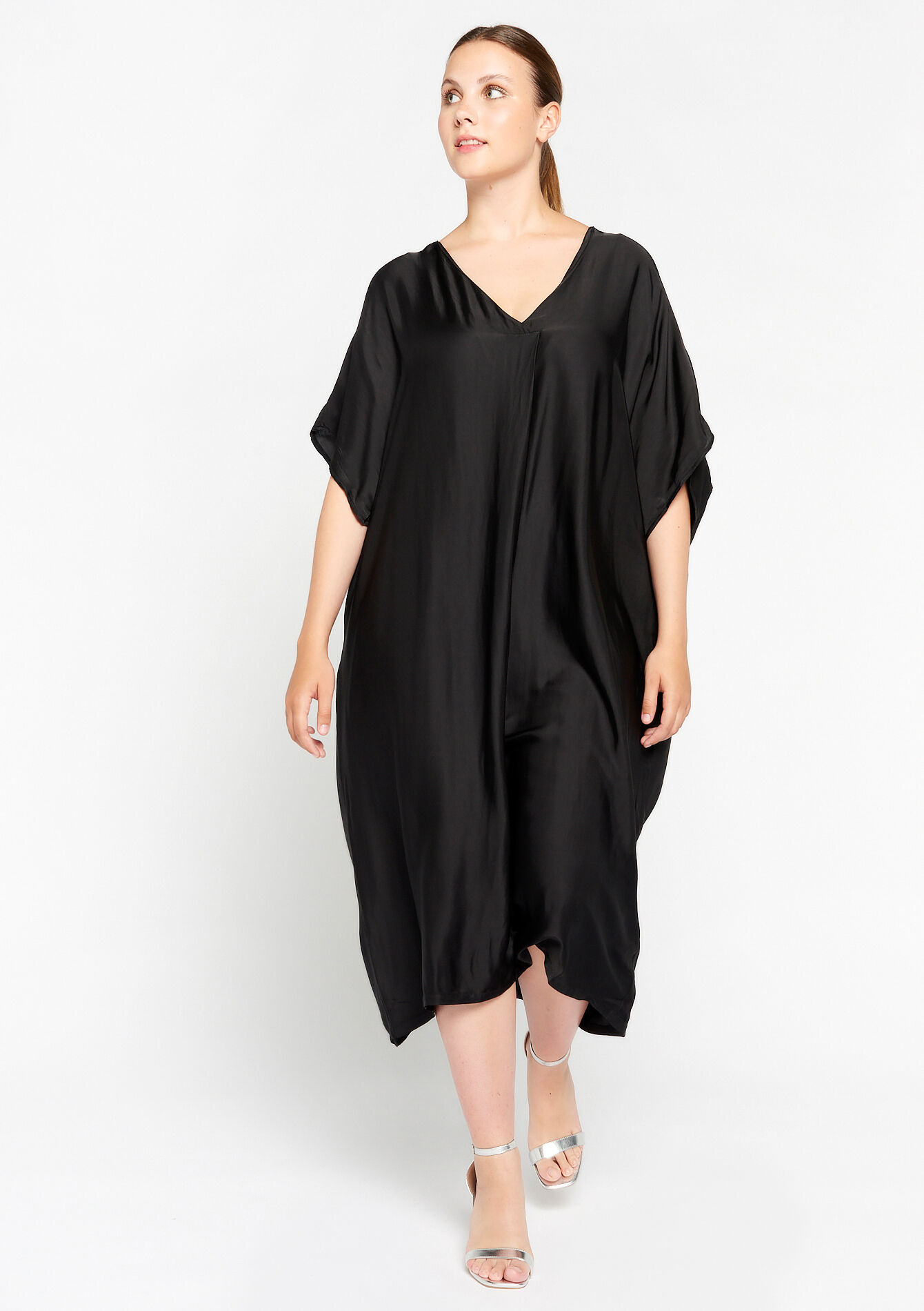 Robe en satin à col V, Robe en satin à col V - BLACK - 08103310_1119