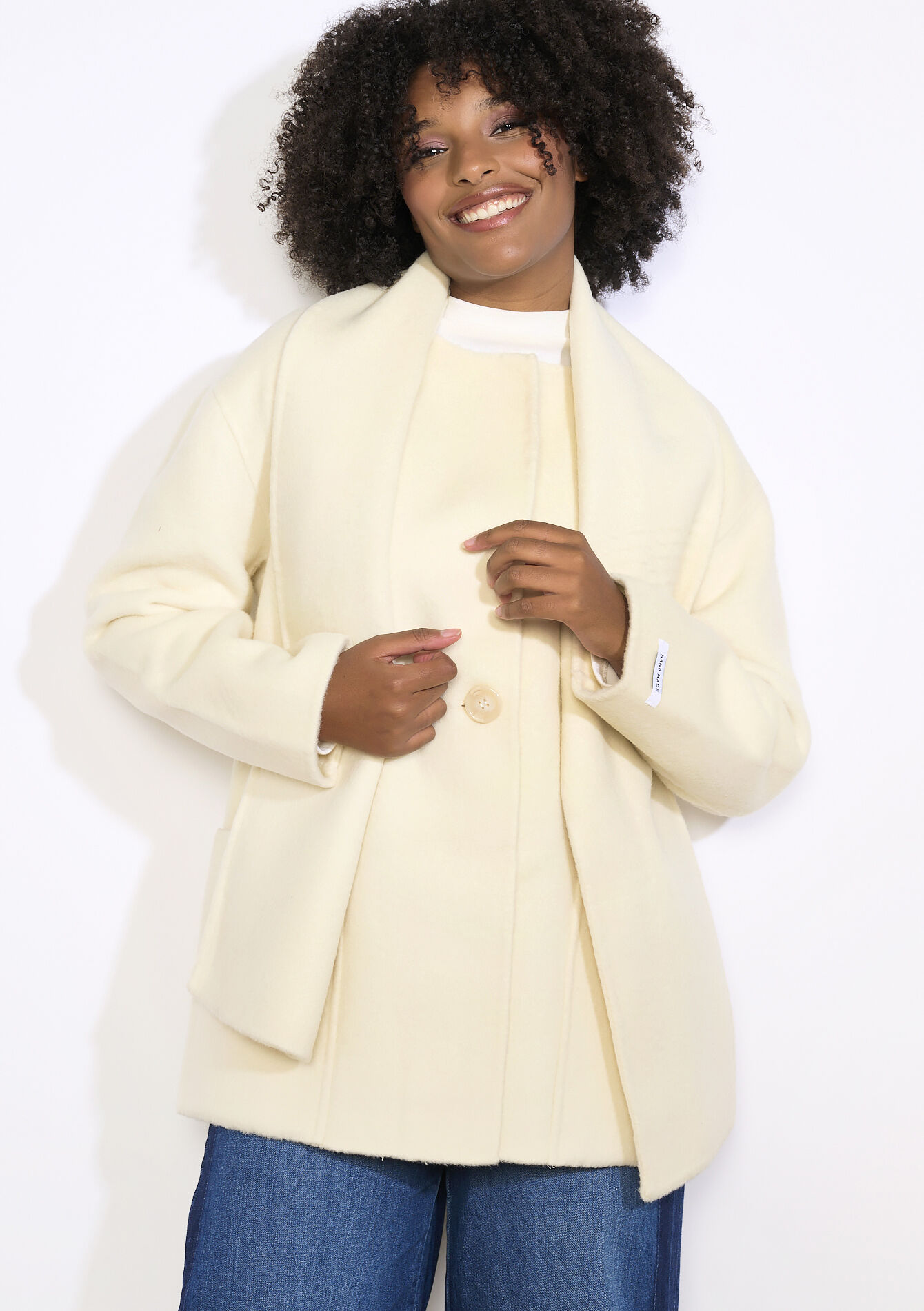 Short wool coat with scarf, Short wool coat with scarf - VANILLA WHITE - 23000778_1013