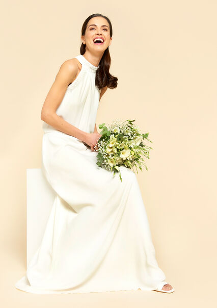Longue robe de mariée à col montant - BLANC CASSE - 08601918_1001