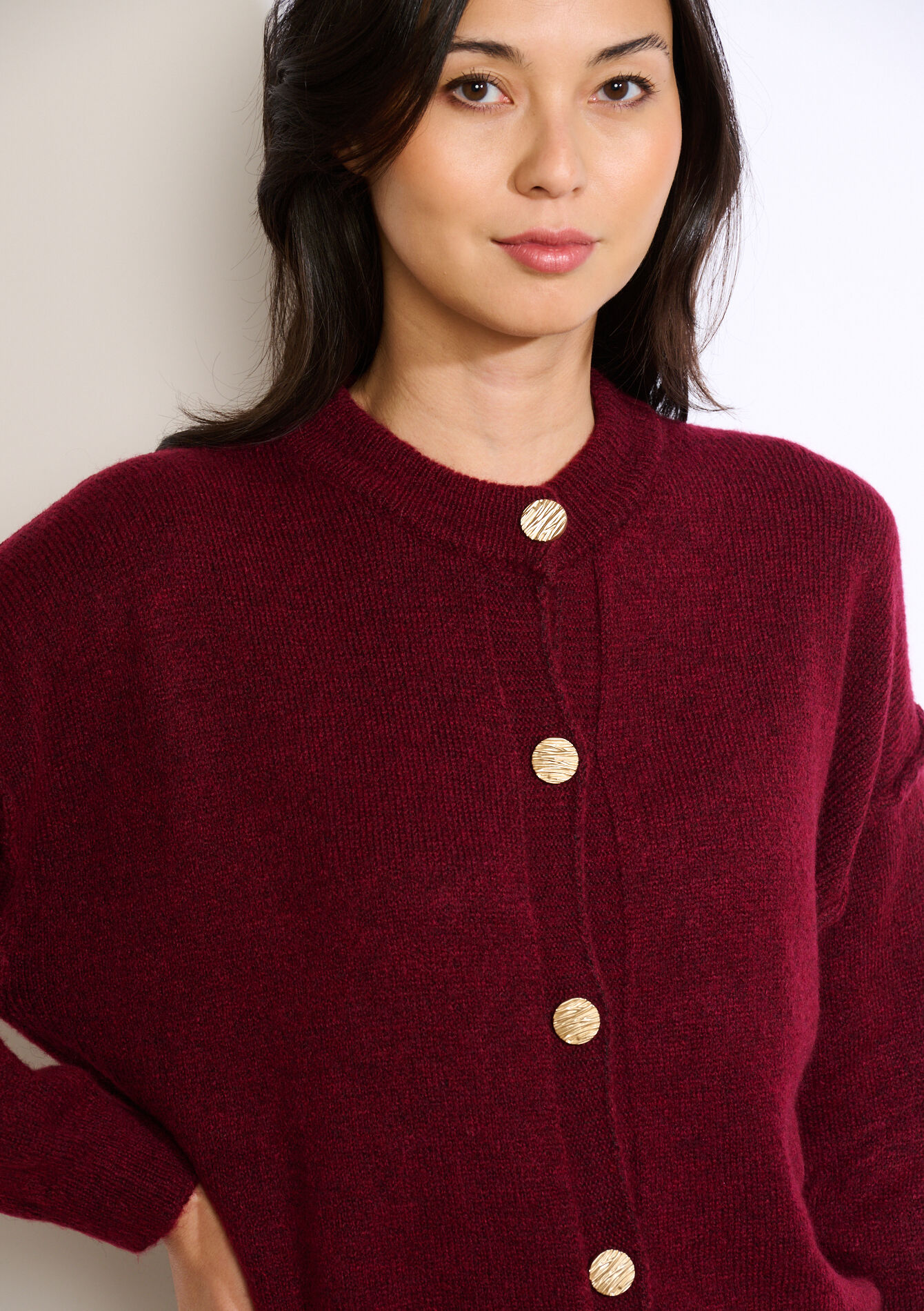 Gold button cardigan - BORDEAUX WINE - 04101412_5514