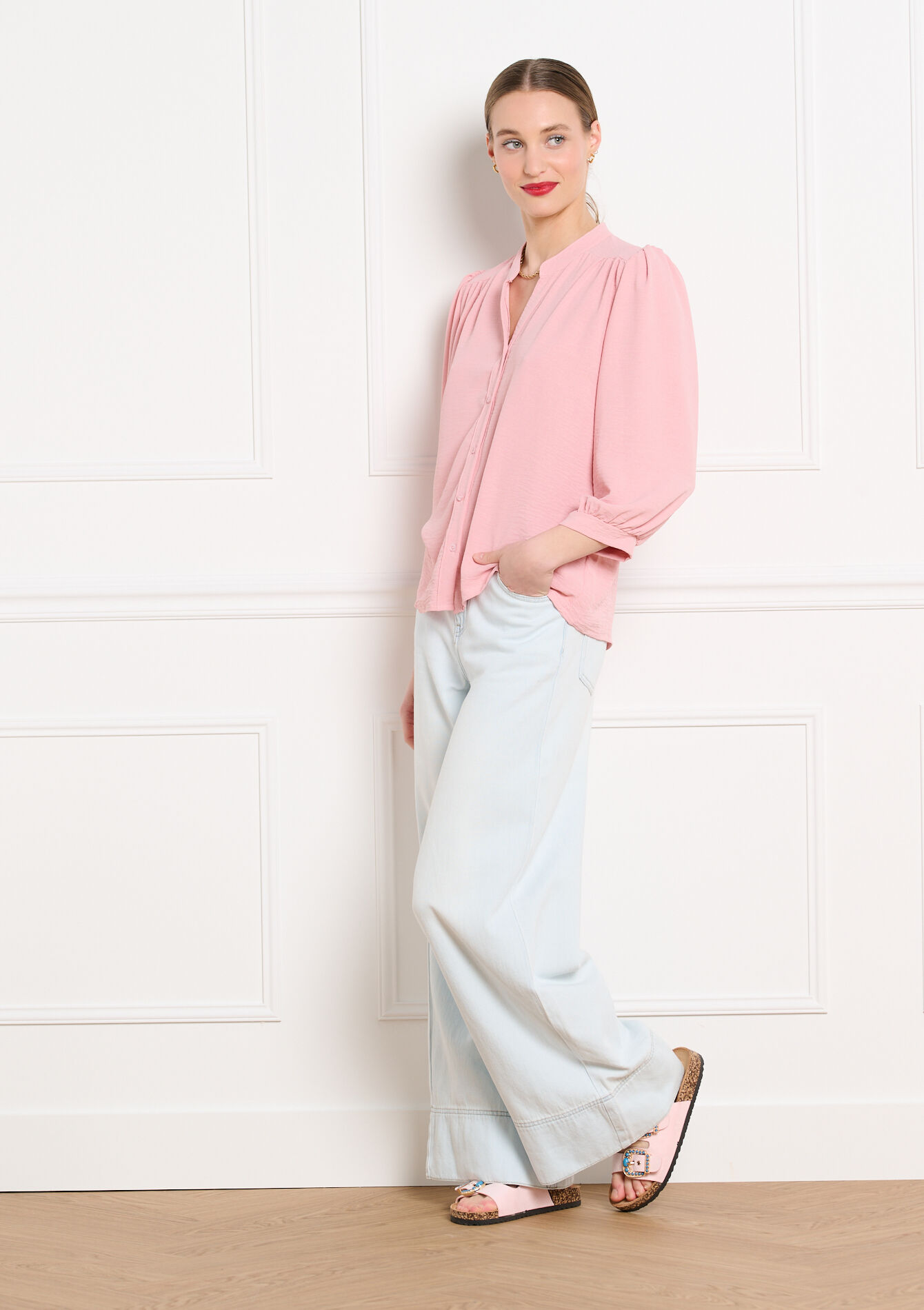 Vloeiende blouse met V-hals, Vloeiende blouse met V-hals - LIGHT PINK - 05703042_1303