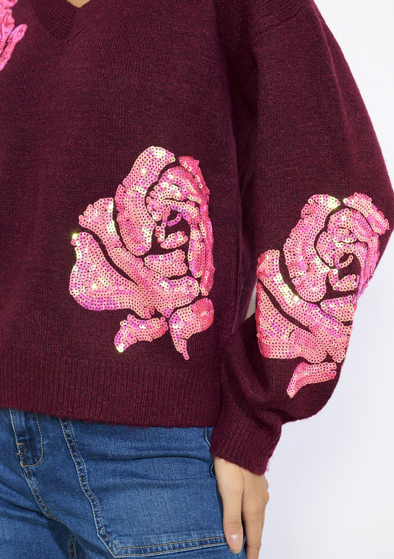 V-neck floral knit, V-neck floral knit - BORDEAUX WINE - 04006984_5514