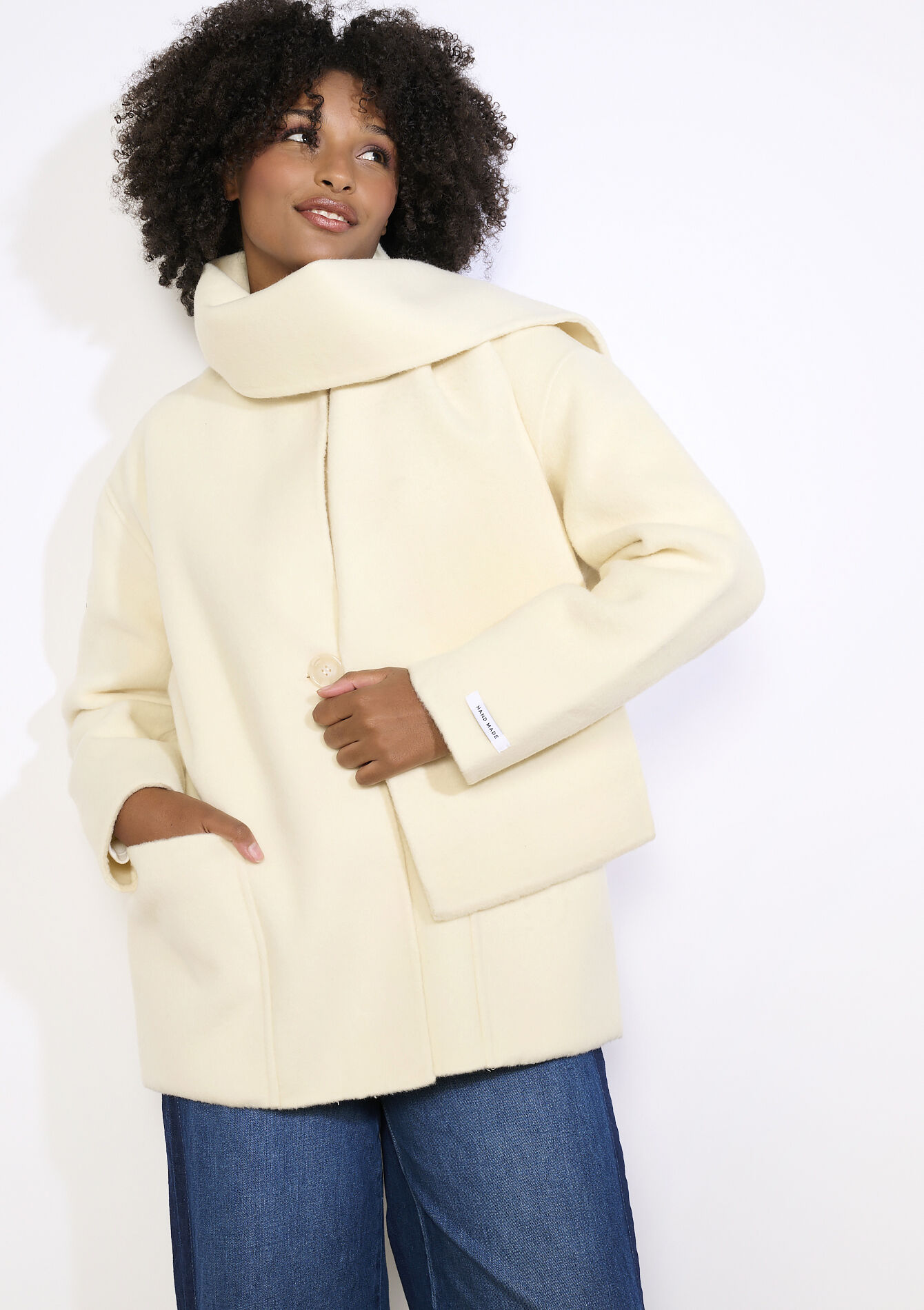 Short wool coat with scarf, Short wool coat with scarf - VANILLA WHITE - 23000778_1013