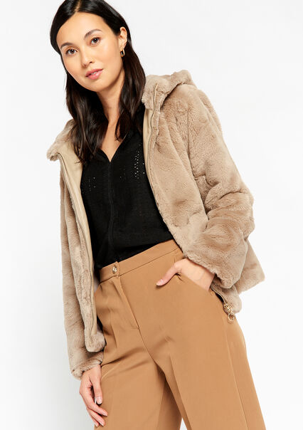 Faux fur jacket with hood - LIGHT TAUPE - 23000594_2572