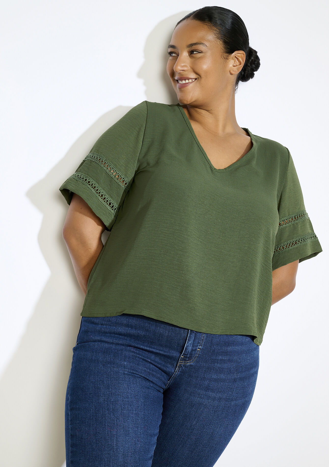 Blouse with eyelet sleeves, Blouse with eyelet sleeves - KHAKI MED - 05702919_4327