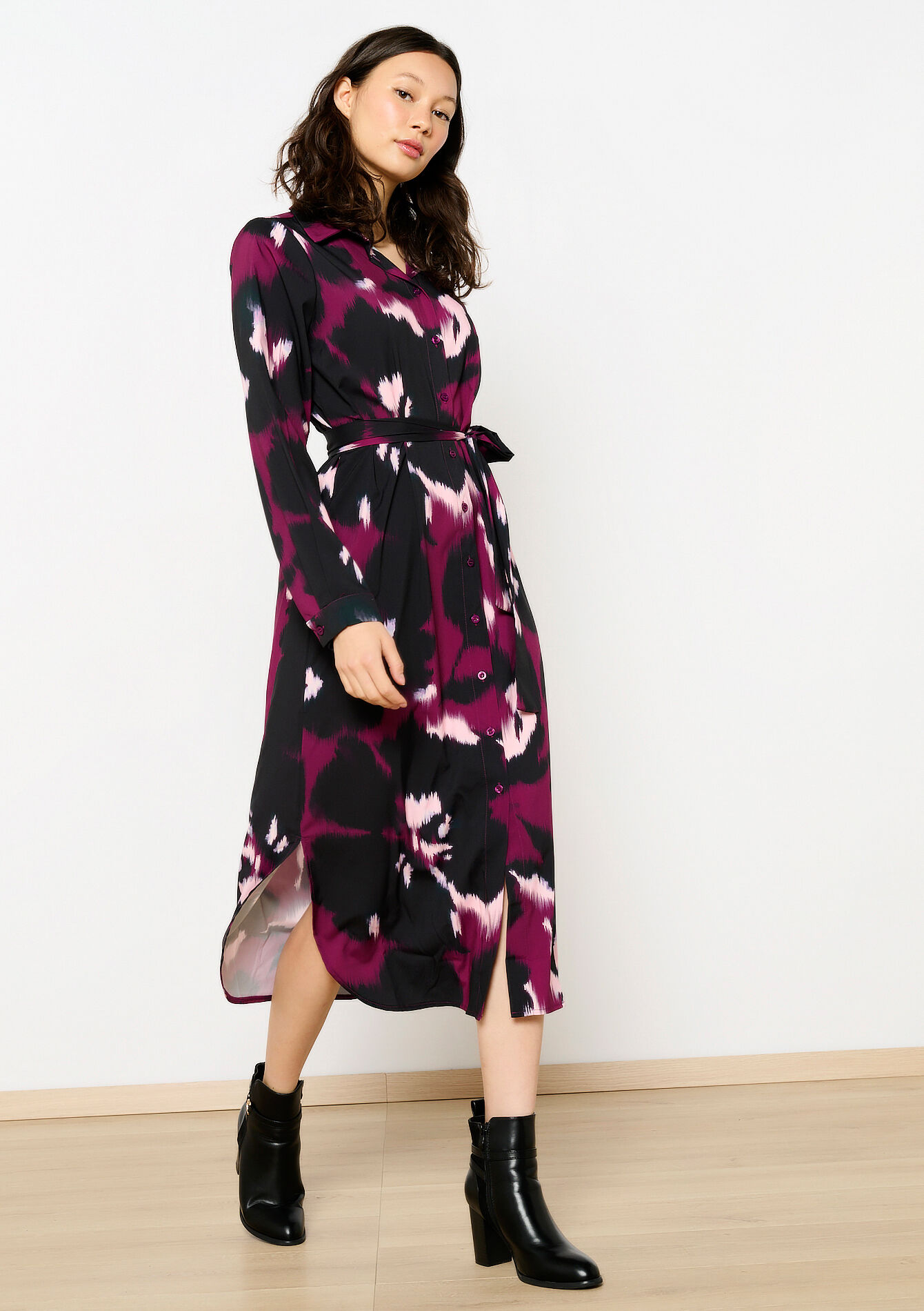 Fluid midi shirt dress, Fluid midi shirt dress - BORDEAU WINE - 08103965