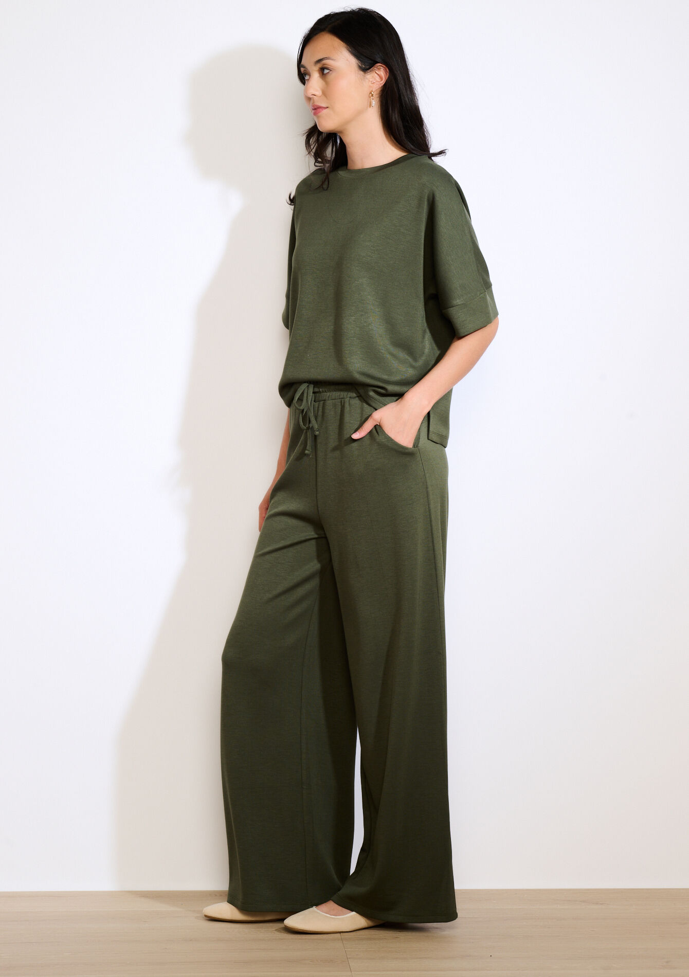 Wijde jersey broek, Wijde jersey broek - KHAKI MED - 15100384_4327