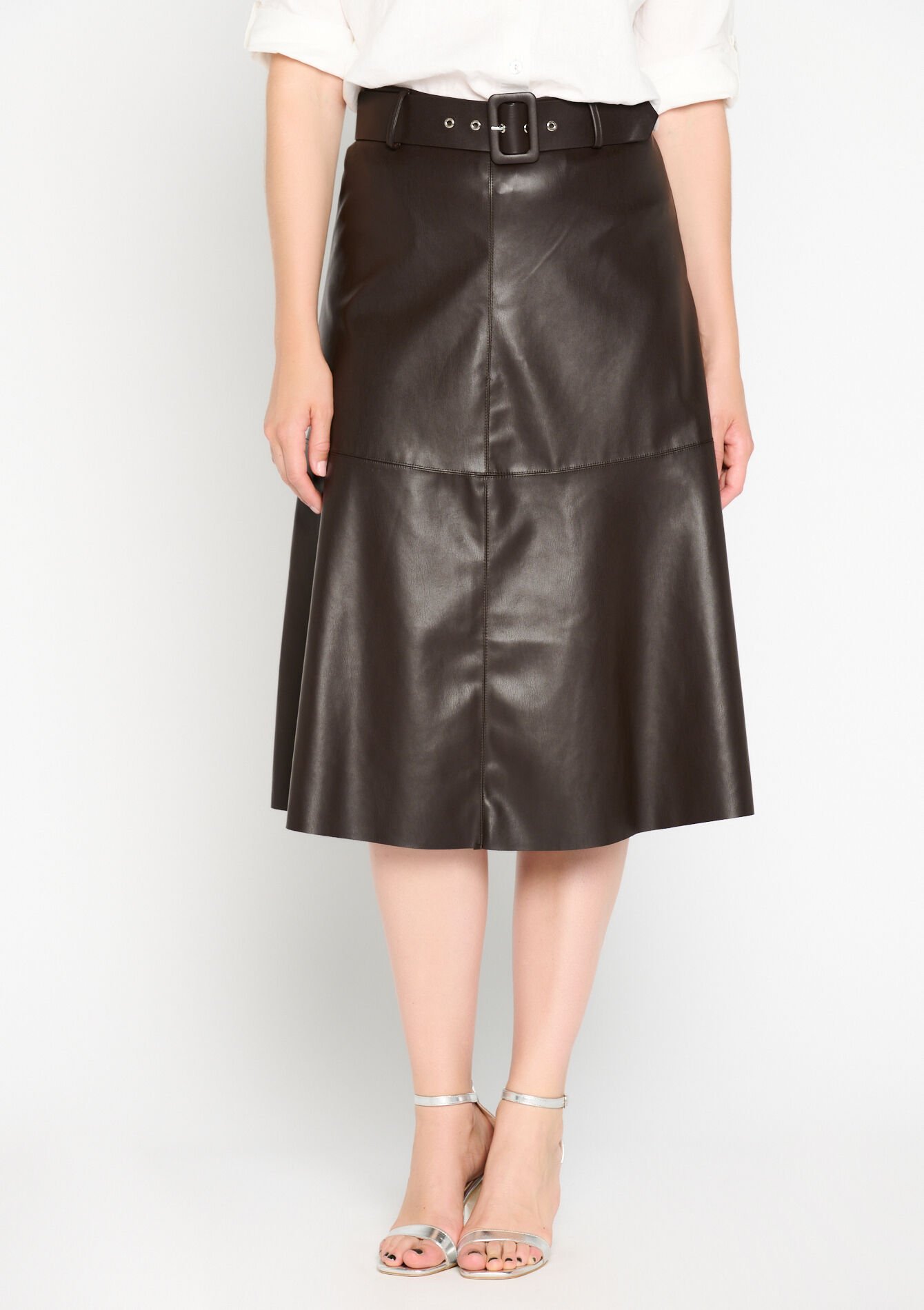 Jupe mi-longue en similicuir - BROWN DARK CHOCOLATE - 07101122_3720