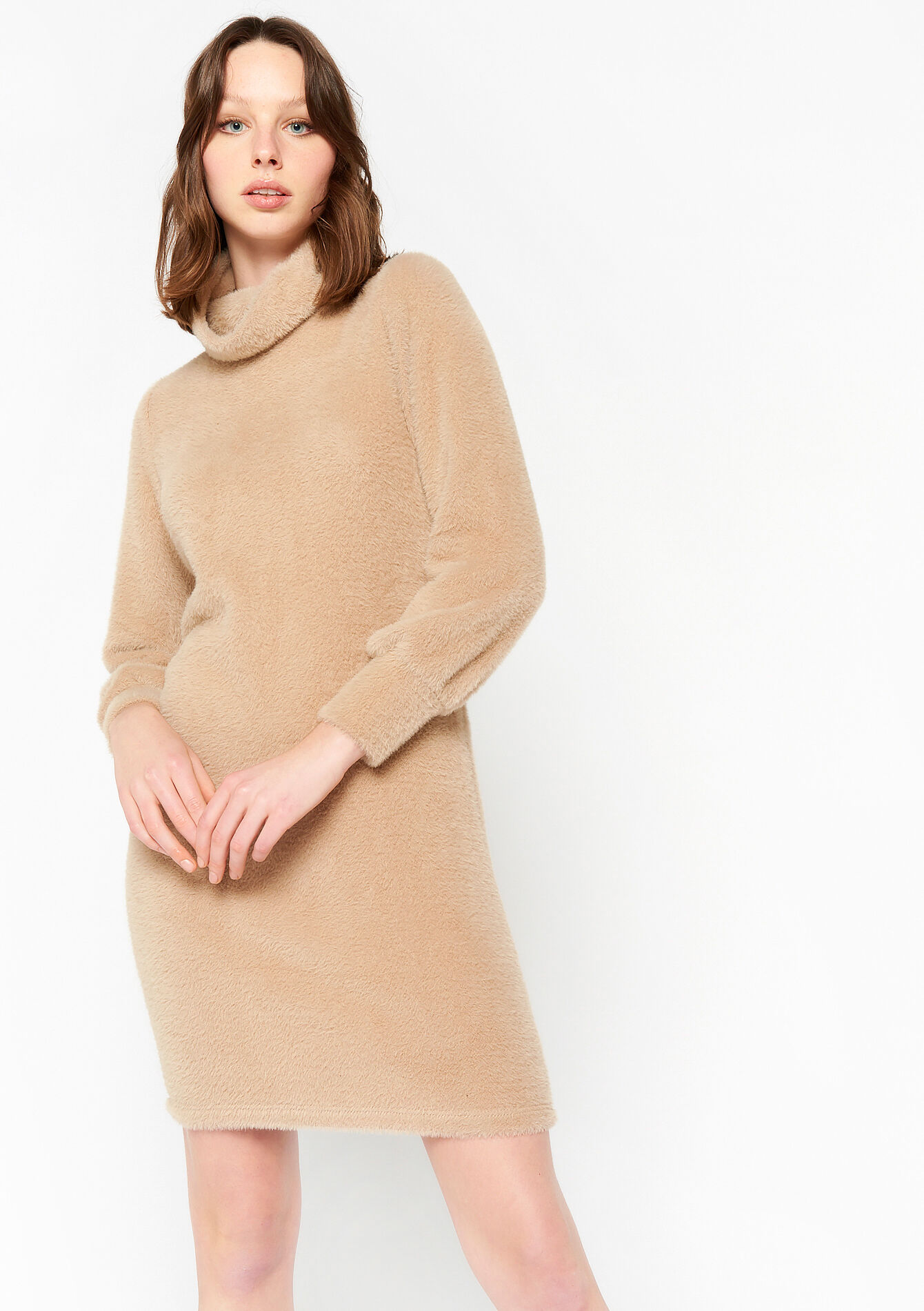 Eyelash pullover dress with roll neck - LIGHT CAMEL - 08103130_3814