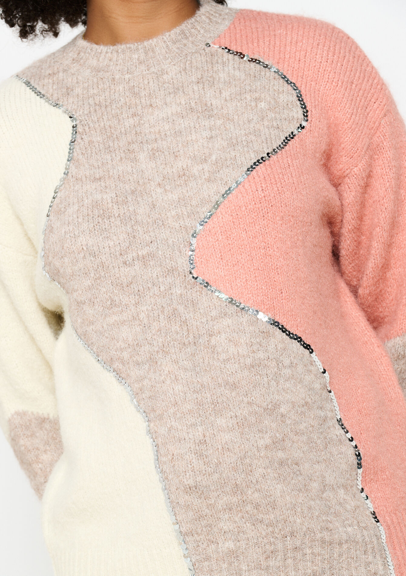 Sweater with zigzag and sequins, Sweater with zigzag and sequins - LIGHT TAUPE - 04006573