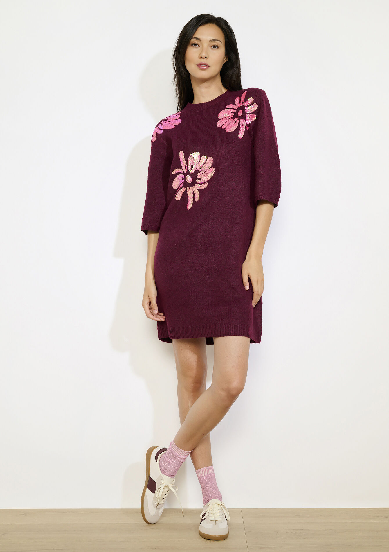 Robe pull fleurie brodée, Robe pull fleurie brodée - BORDEAUX WINE - 08104284_5514