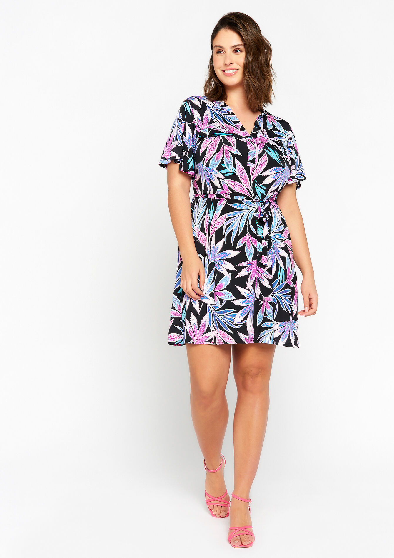 Robe à imprimé de fleurs tropicales, Robe à imprimé de fleurs tropicales - BLACK - 08103239_1119