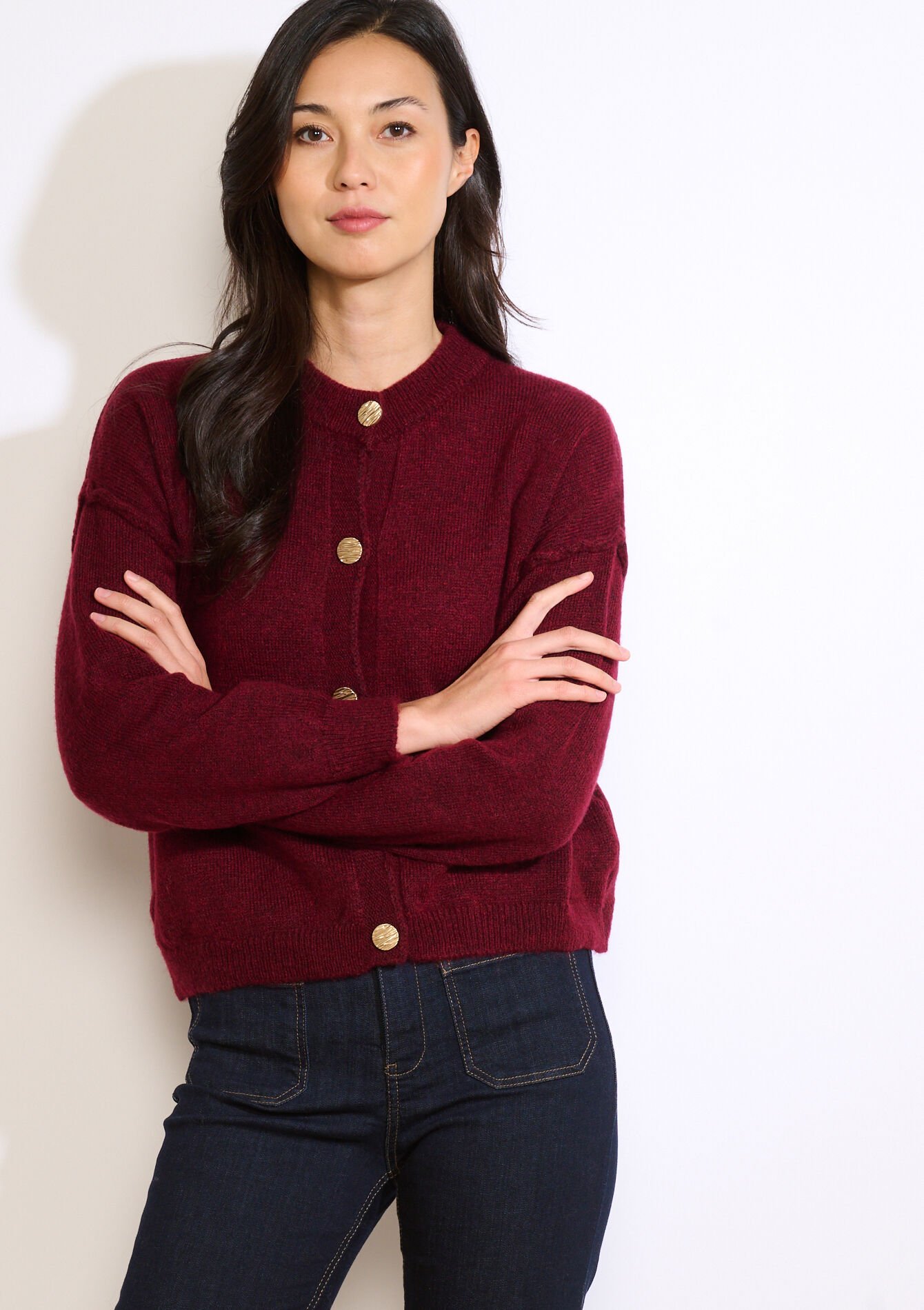 Gold button cardigan - BORDEAUX WINE - 04101412_5514