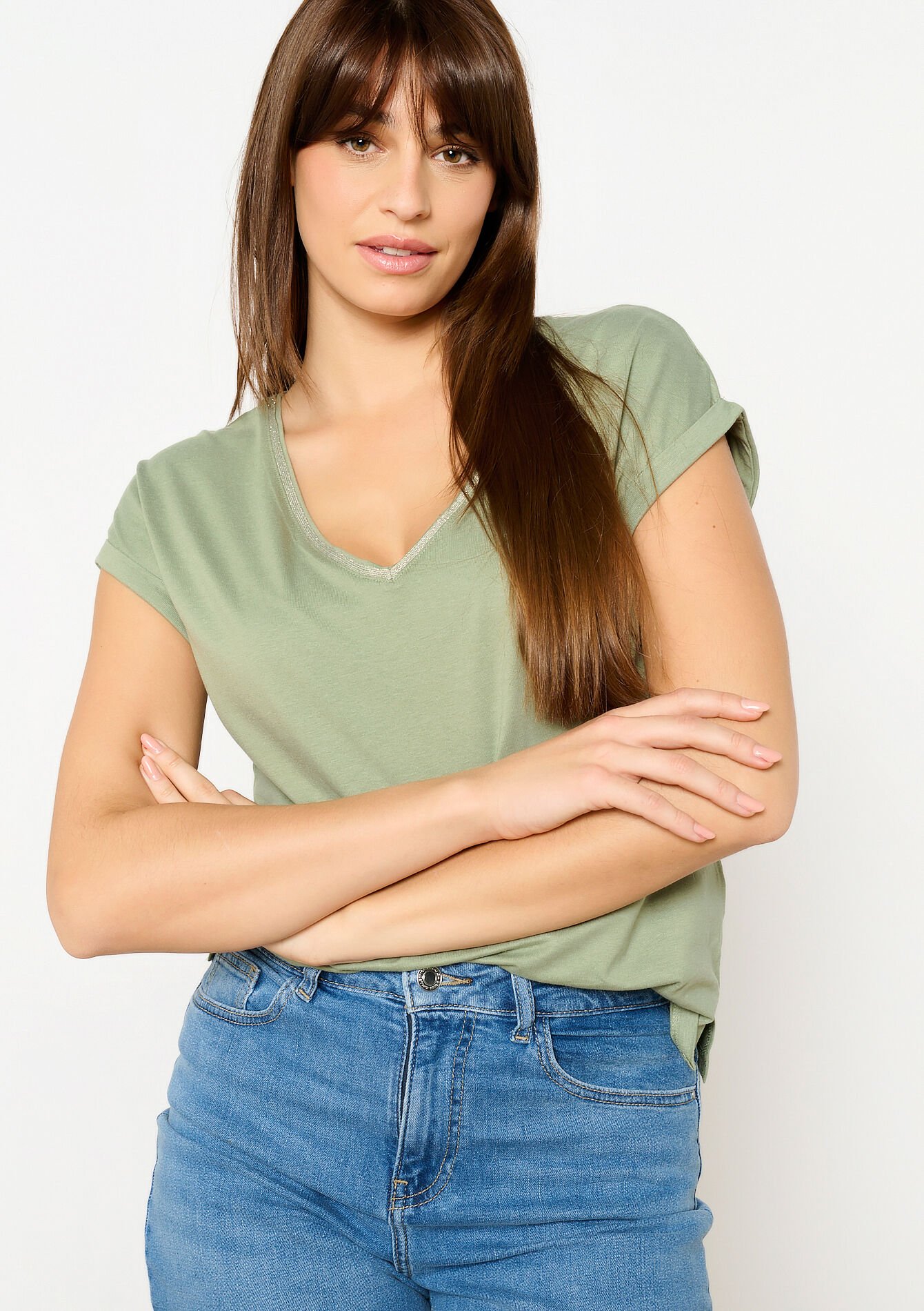 Basic T-shirt met V-hals, Basic T-shirt met V-hals - KHAKI FADED - 02301634_4326
