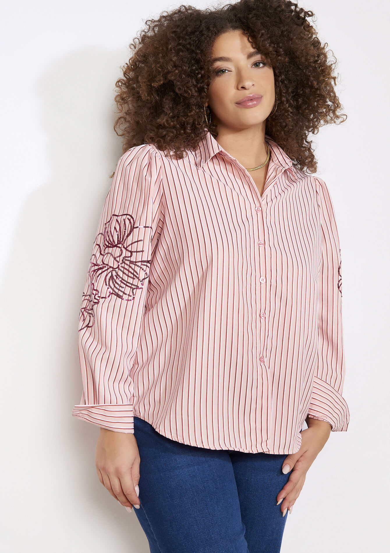 Chemise à rayures brodée - NUDE PINK - 05702940_1301