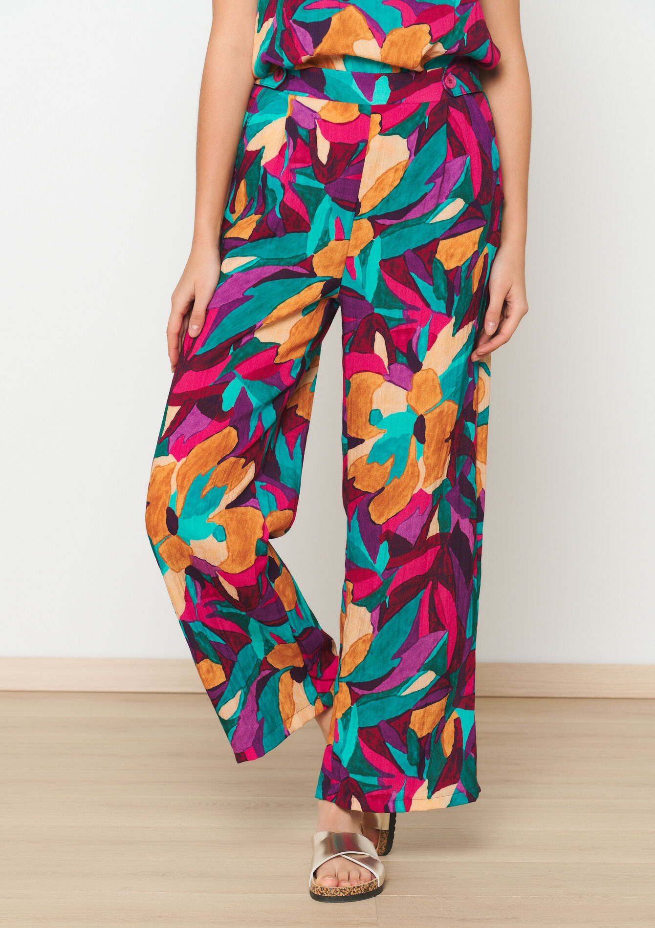Trousers with watercolour print - FUSCHIA PINK - 06600832_1465