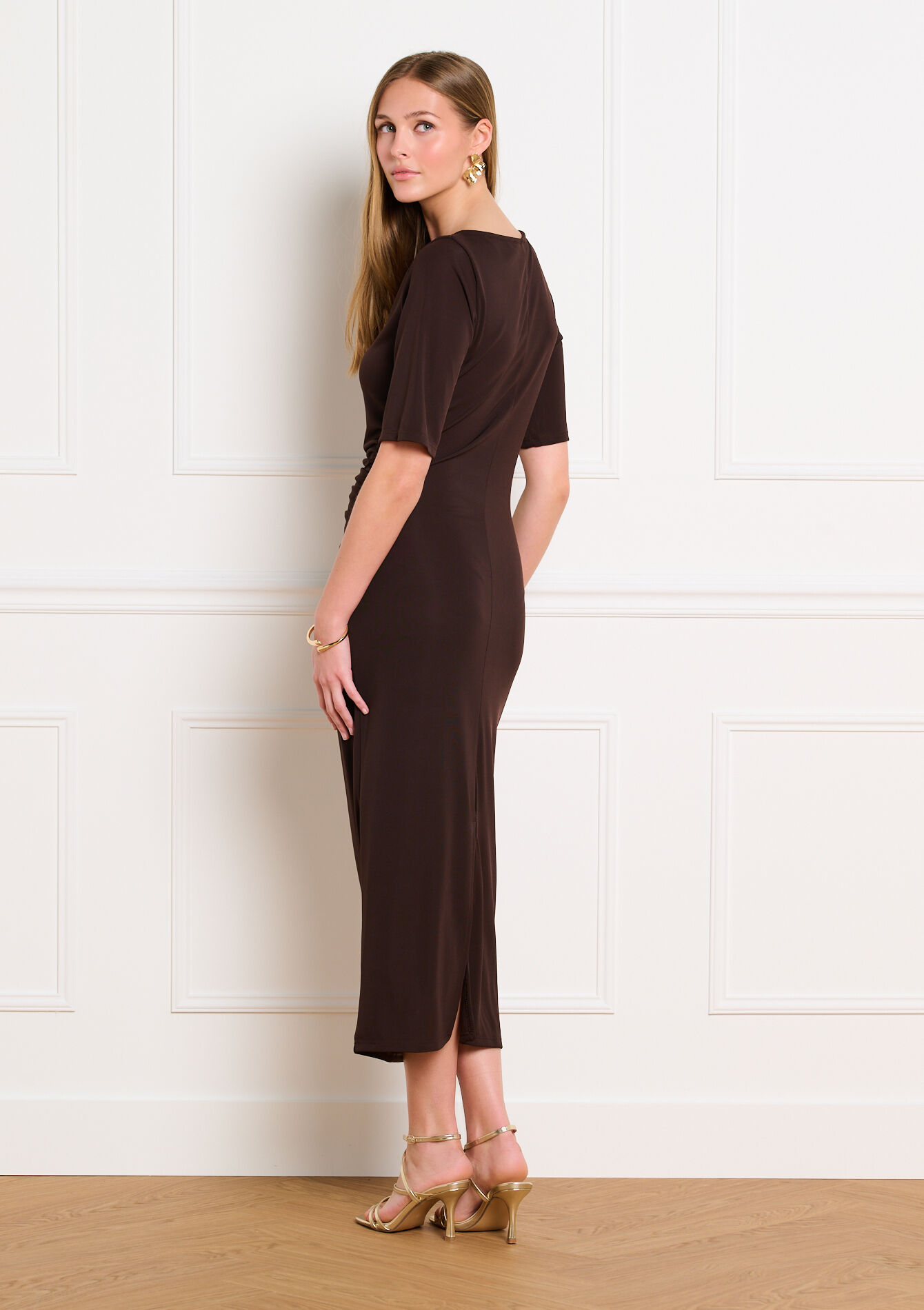 Gedrapeerde midi jurk - BROWN DARK CHOCOLATE - 08104469_3720