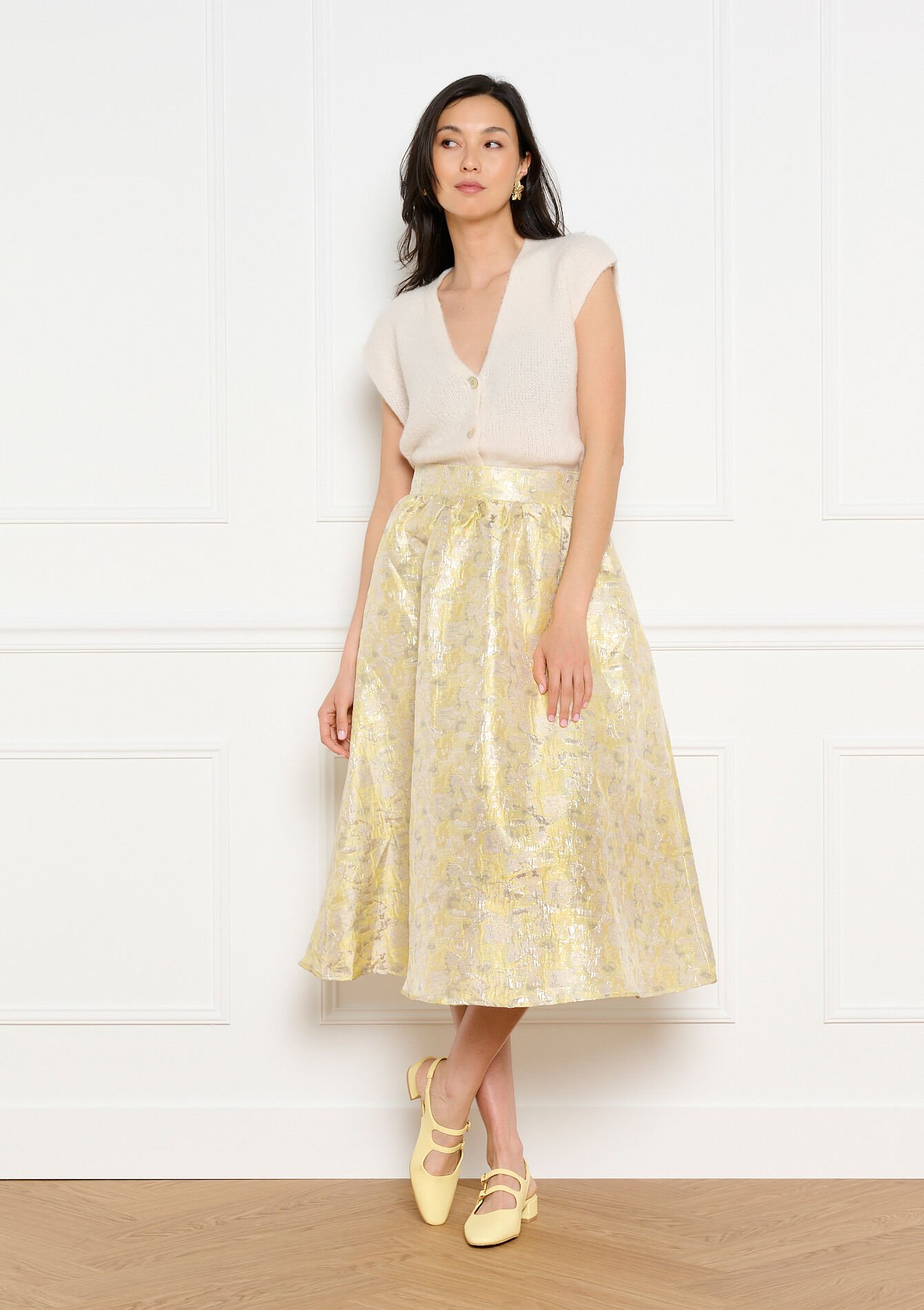 Jupe midi jacquard évasée - YELLOW PASTEL - 07101492_5004