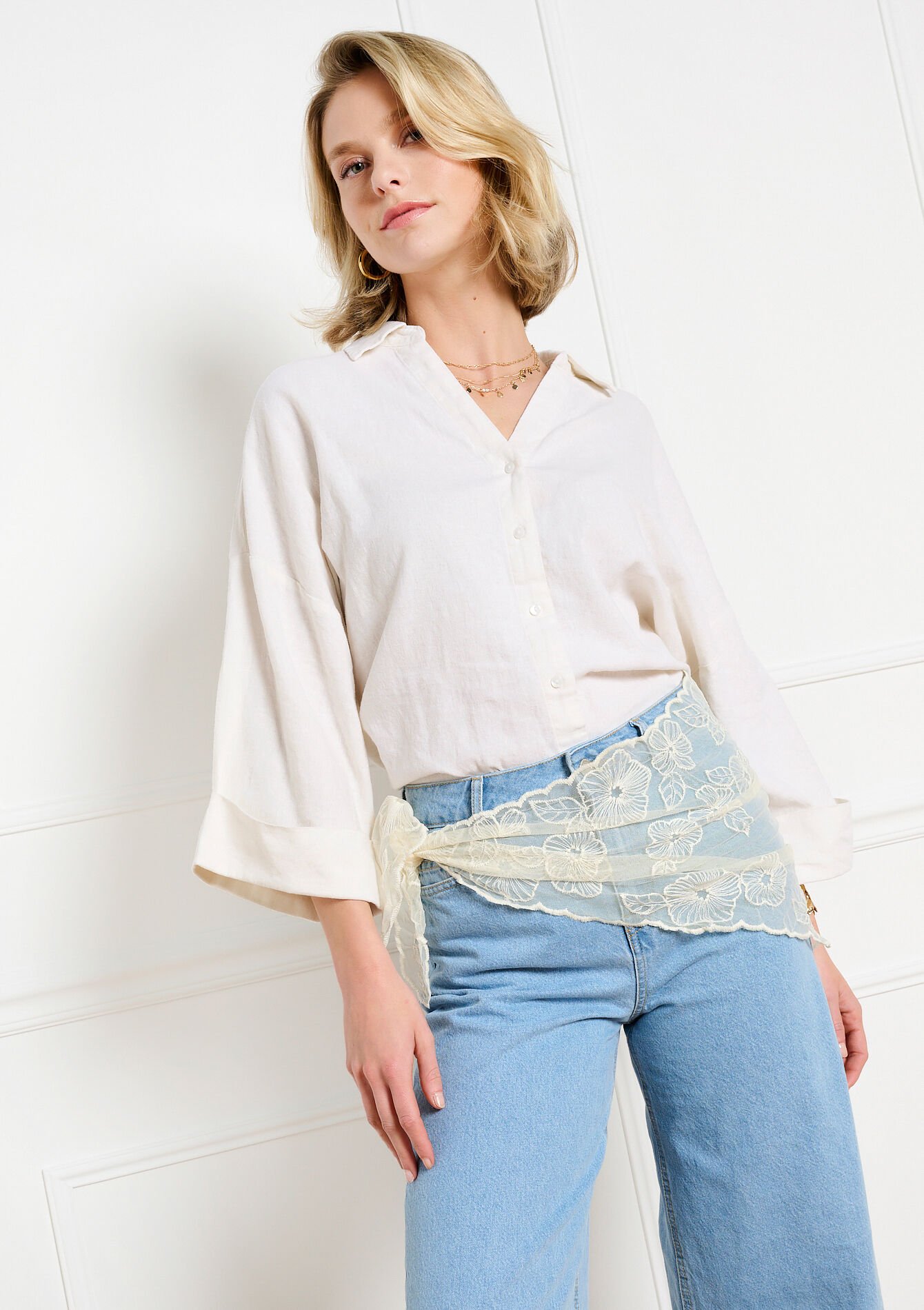 Driehoekige sjaal met bloemenkant - VANILLA WHITE - 17101632_1013