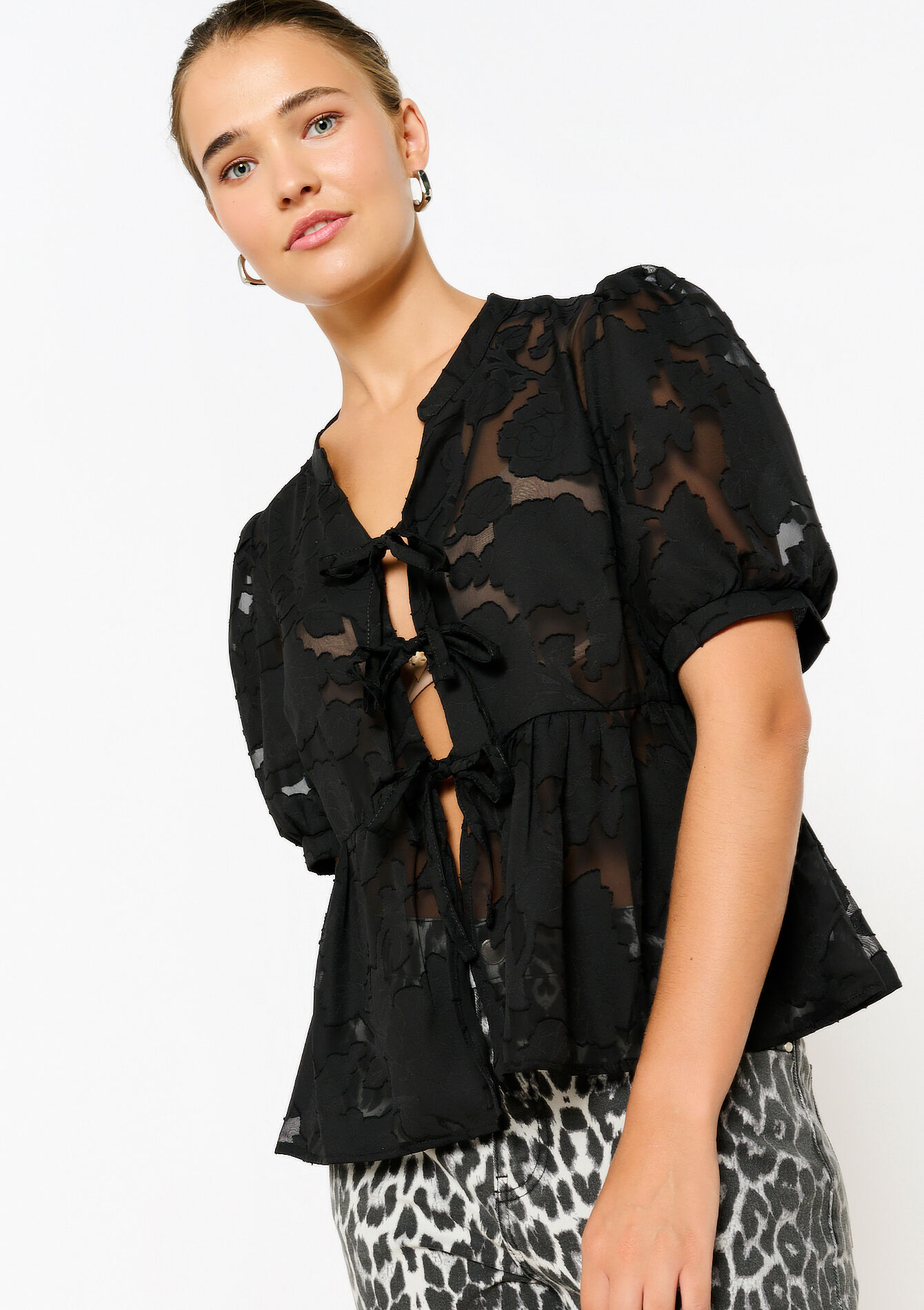 Blouse met kant en strikjes, Blouse met kant en strikjes - BLACK - 05702632_1119