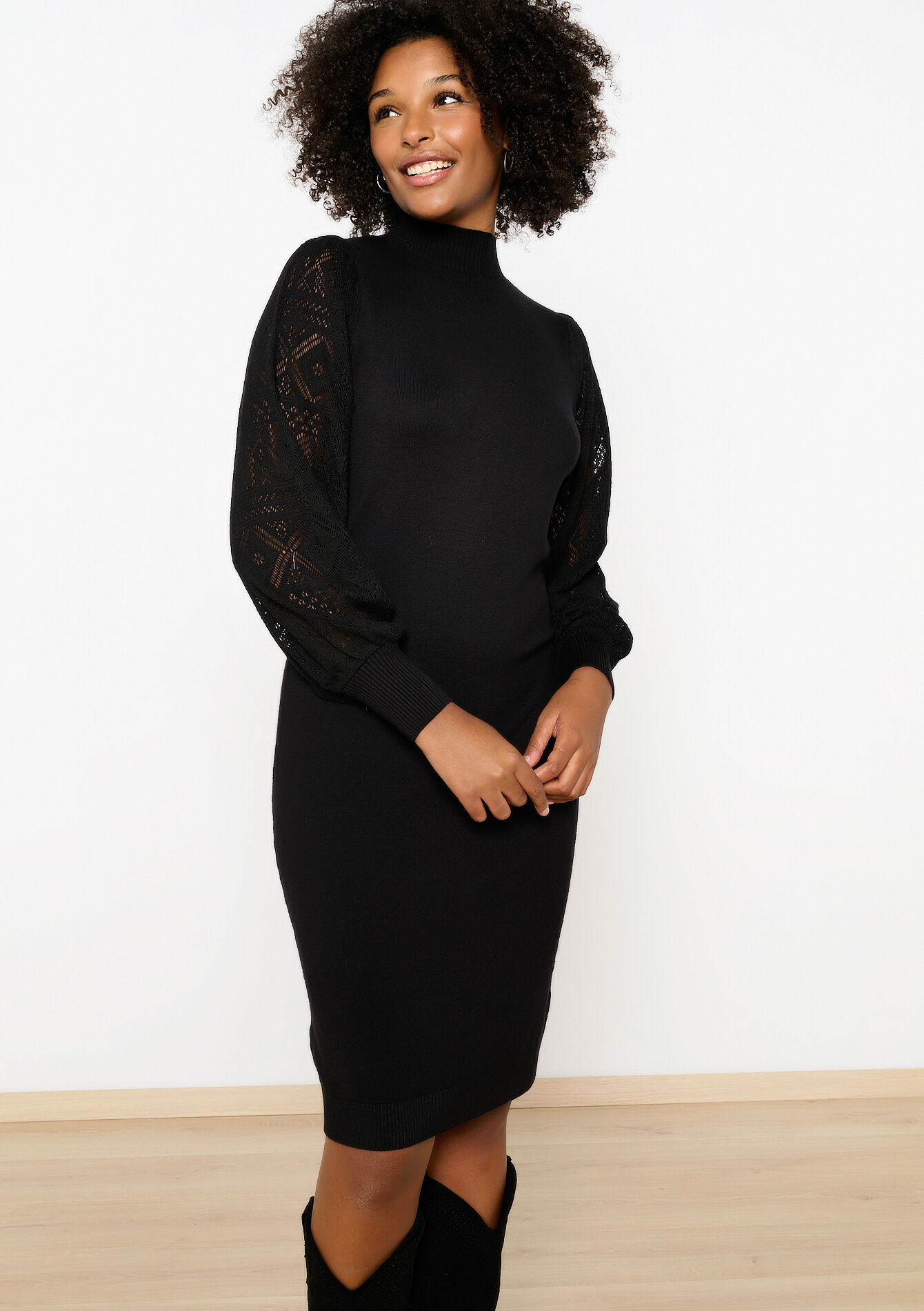 Robe pull avec manches en dentelle, Robe pull avec manches en dentelle - BLACK - 08103520_1119