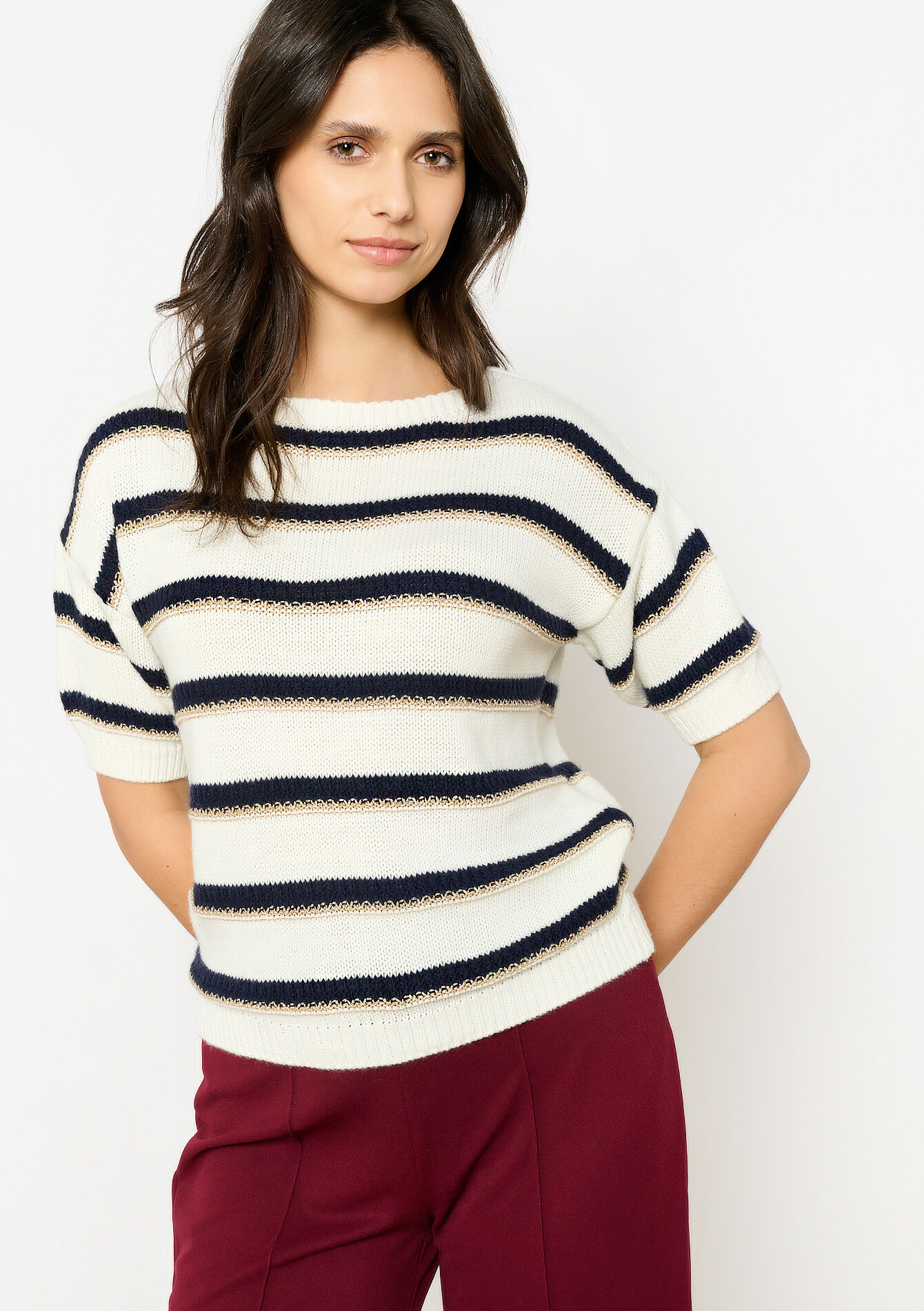 Pull à rayures à manches courtes, Pull à rayures à manches courtes - VANILLA WHITE - 1122805