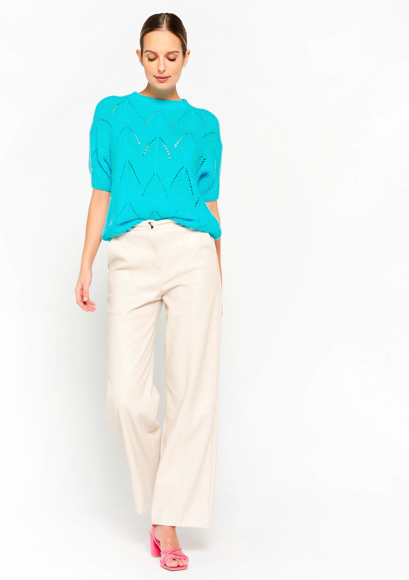 Open-knit pullover with short sleeves, Open-knit pullover with short sleeves - TURQUOISE - 04006109_1759