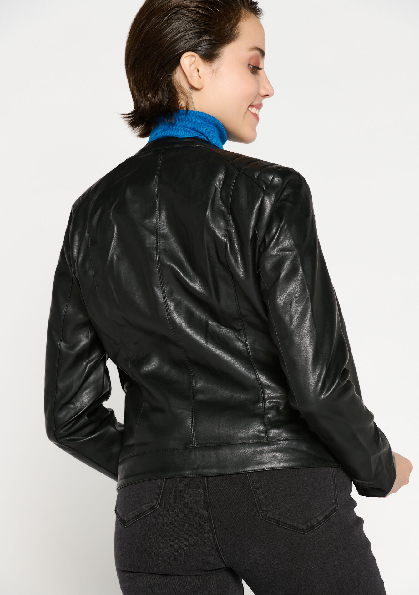 Kraagloze faux lederen jas, Kraagloze faux lederen jas - BLACK - 09100761_1119