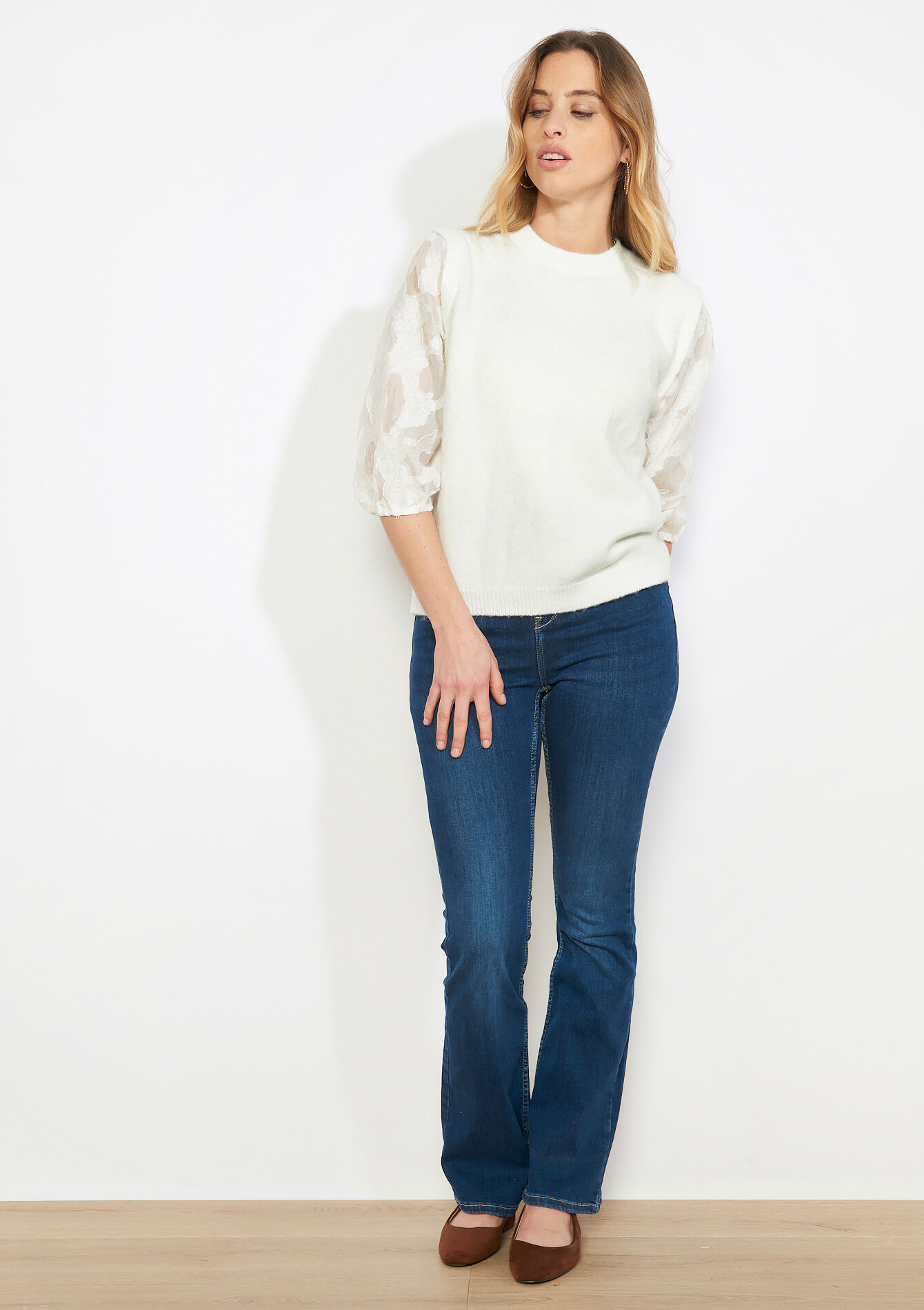 Knit top with organza sleeves - VANILLA WHITE - 04007166