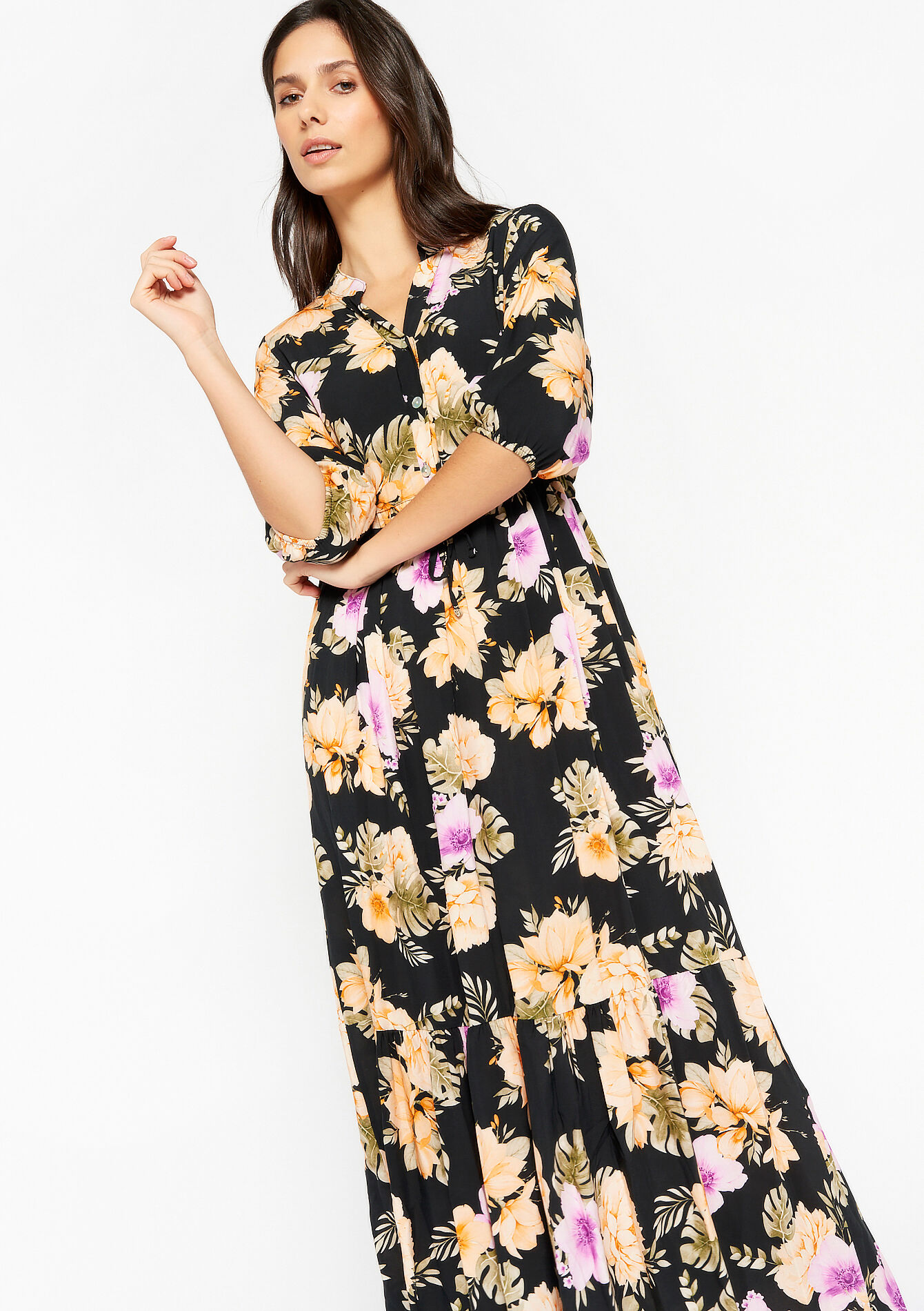 Robe longue à imprimé fleuri, Robe longue à imprimé fleuri - BLACK - 08601838_1119