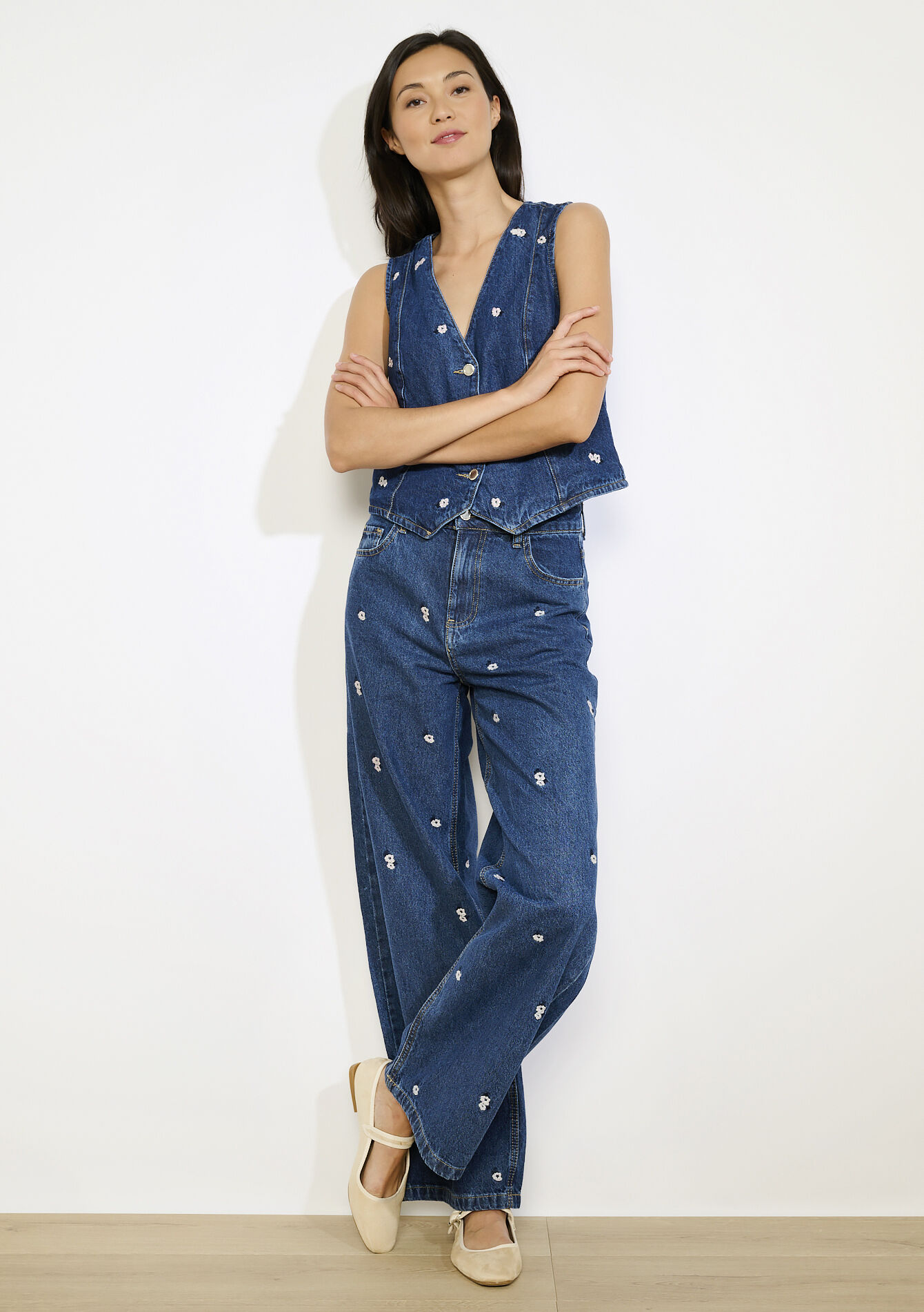 Hoge taille geborduurde jeans, Hoge taille geborduurde jeans - DARK BLUE - 22000622_0501